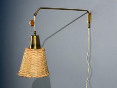 Ateljé Lyktan, Articulating Wall Light, Brass, Cane, Teak, Sweden, 1970s