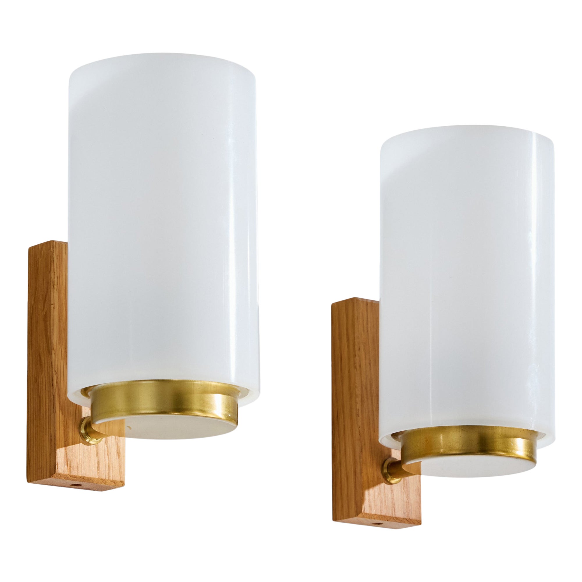 Ateljé Lyktan, Wall Lights, Oak, Brass, Acrylic, Sweden, 1960s For Sale
