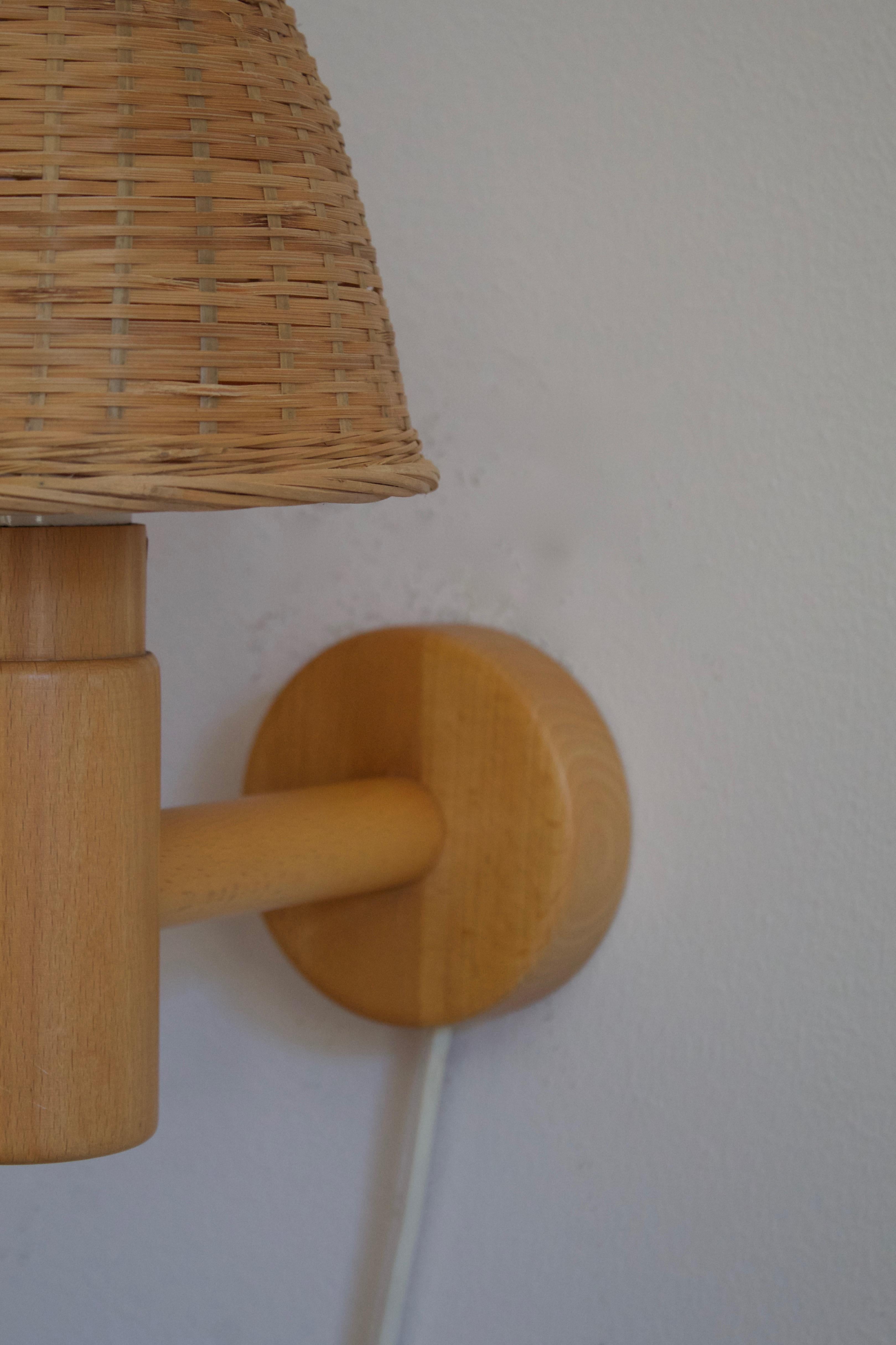 Swedish Ateljé Lyktan, Wall Lights, Solid Oak, Rattan, circa 1970s