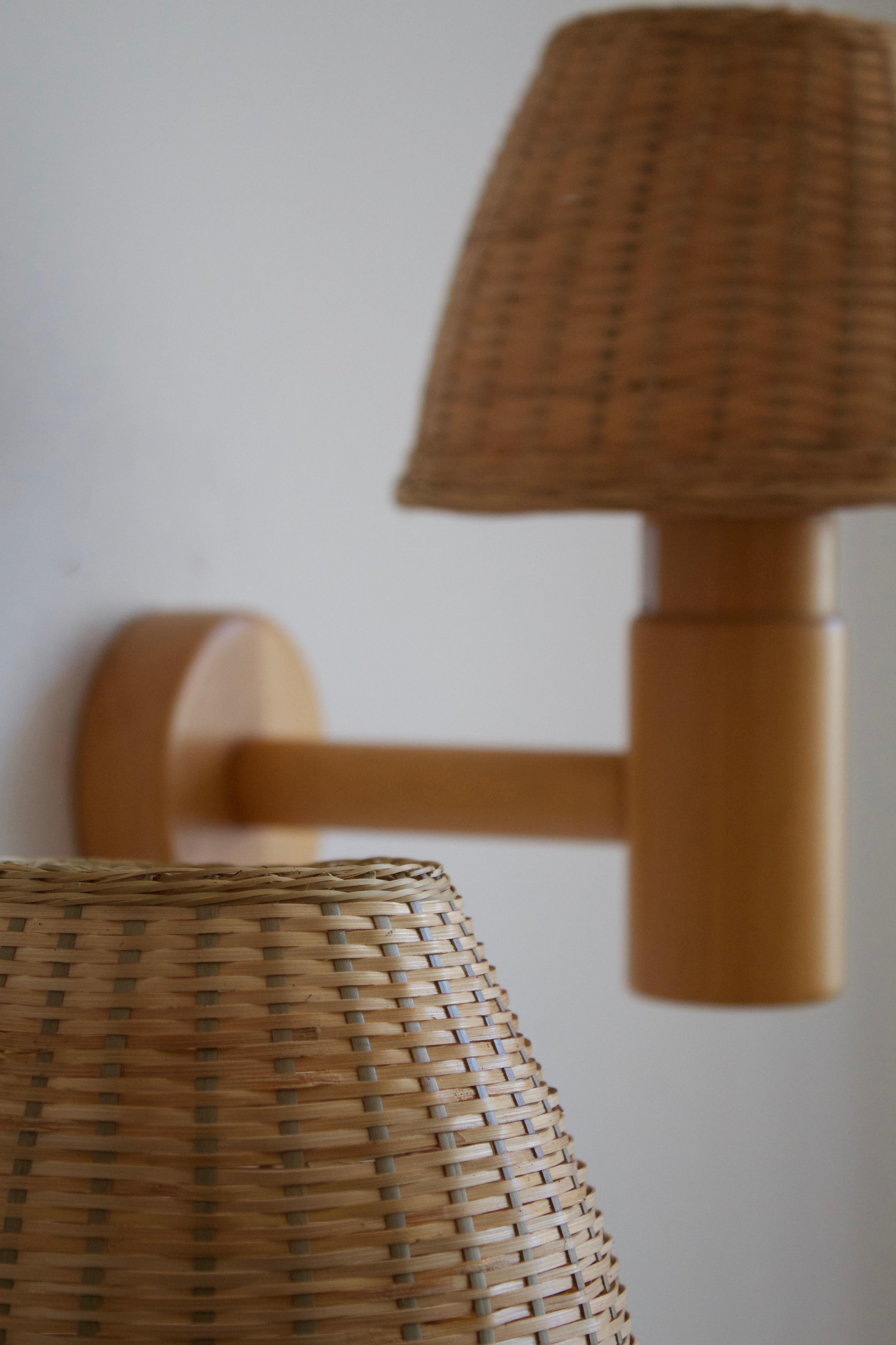 Ateljé Lyktan, Wall Lights, Solid Oak, Rattan, circa 1970s In Good Condition In High Point, NC