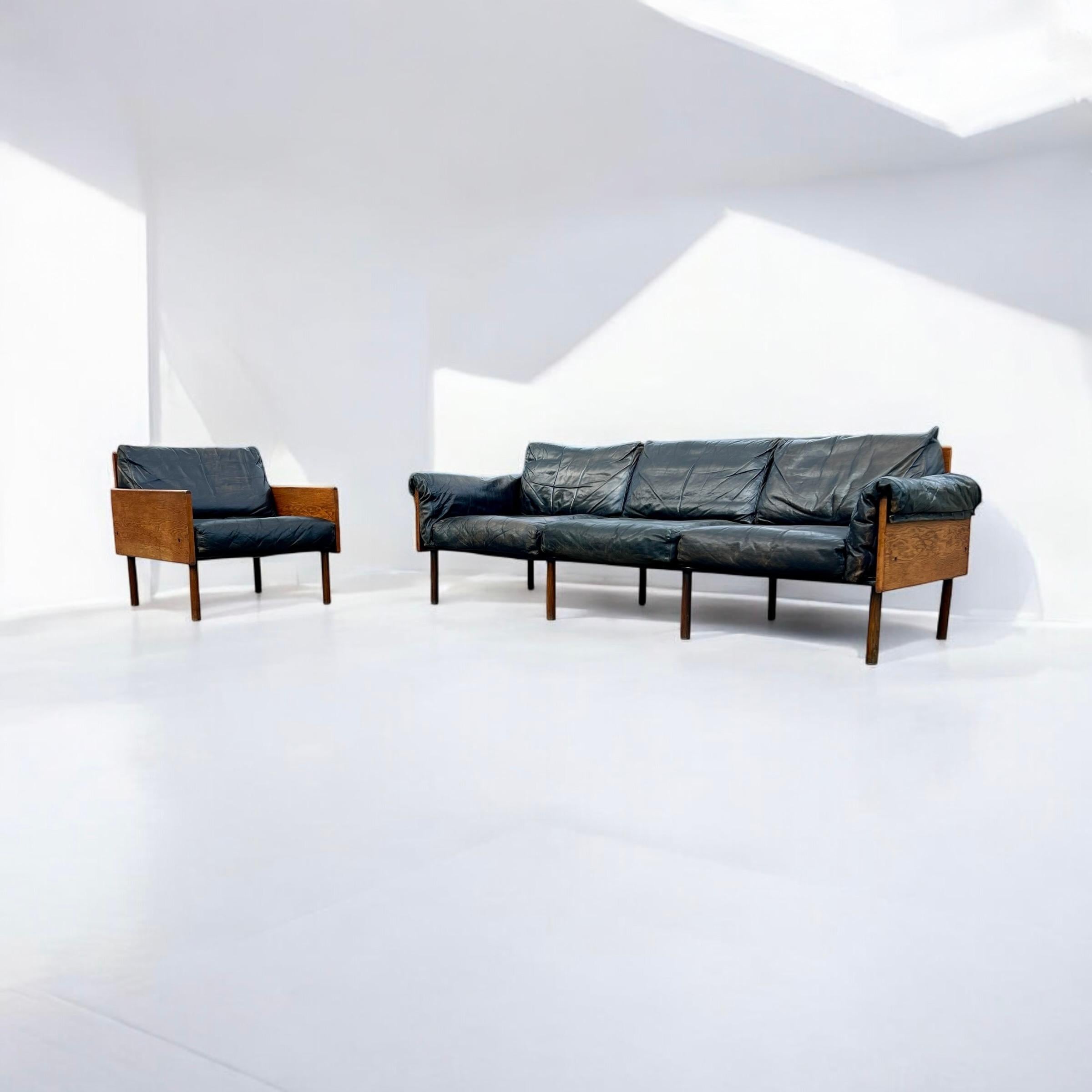 Finnish 'Ateljee' Leather And Ash Sofa And Armchair By Yrjö Kukkapuro For Haimi Finland For Sale