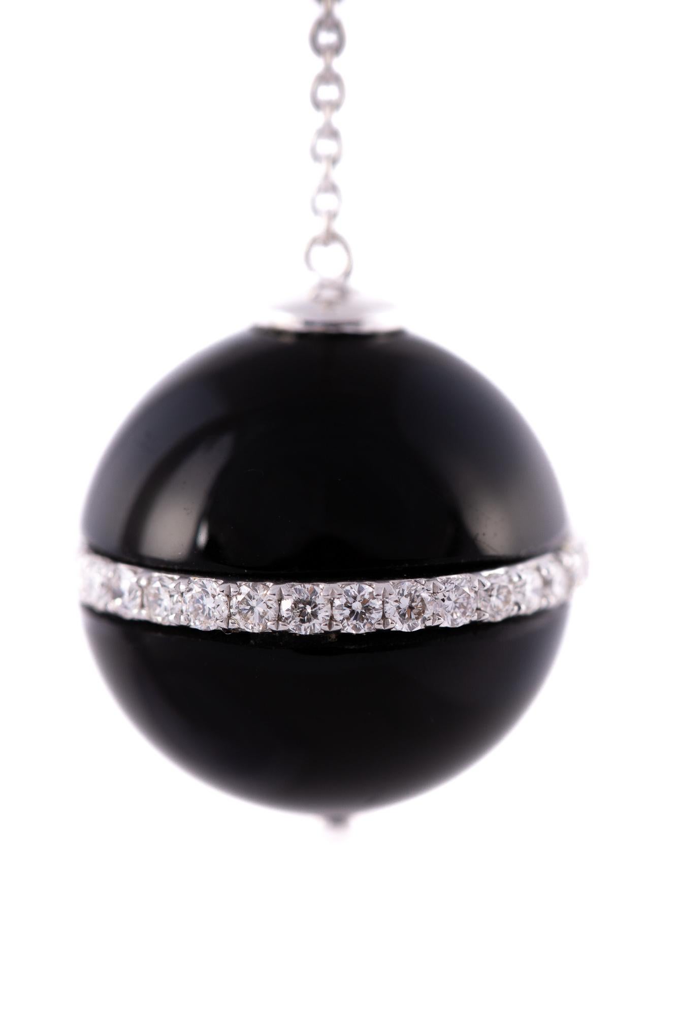 Round Cut 18 Karat White Gold Black Onyx and Diamond Earrings For Sale
