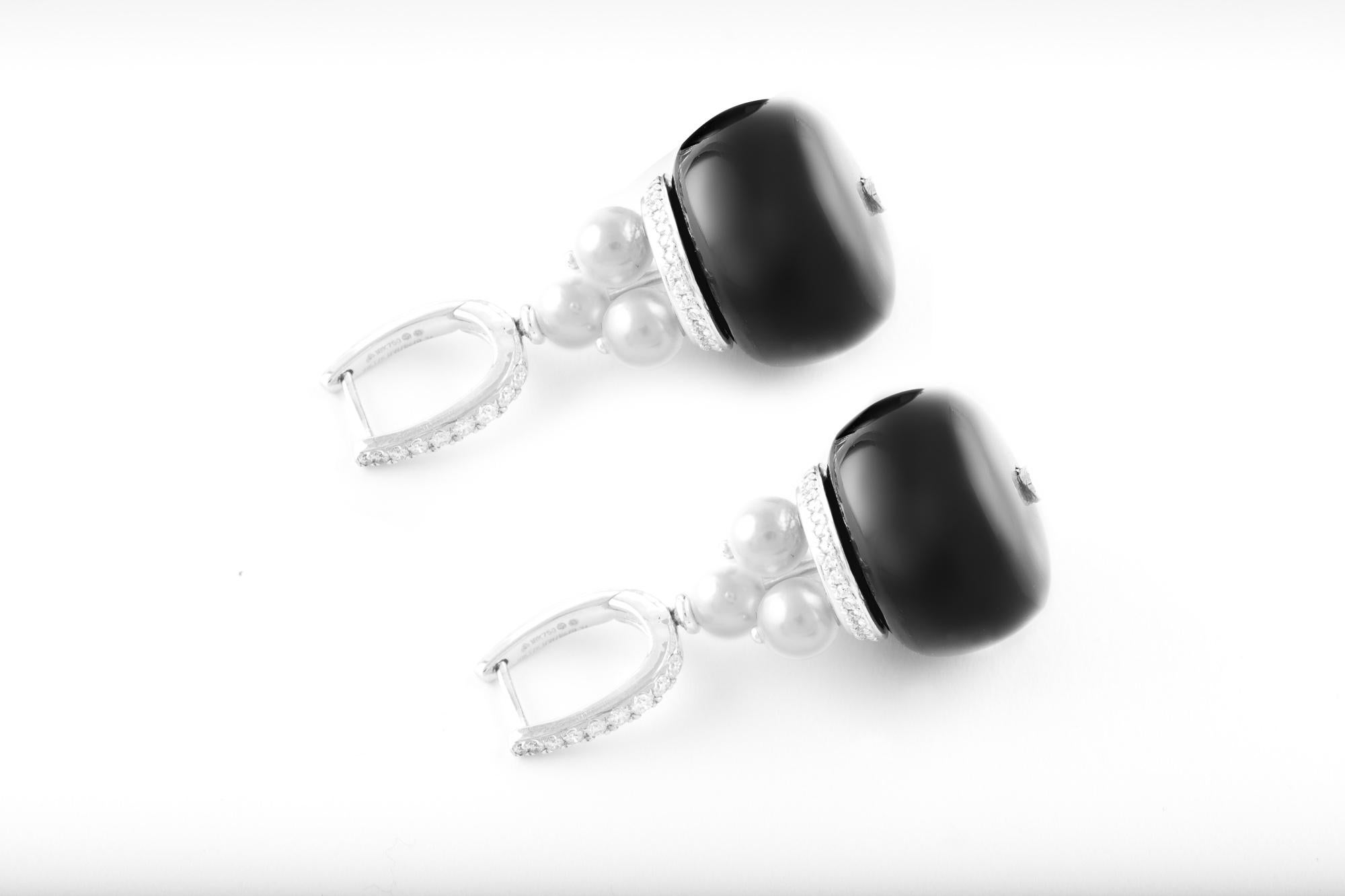 Contemporary 18 Karat White Gold Black Onyx Pearl and Diamond Earrings For Sale
