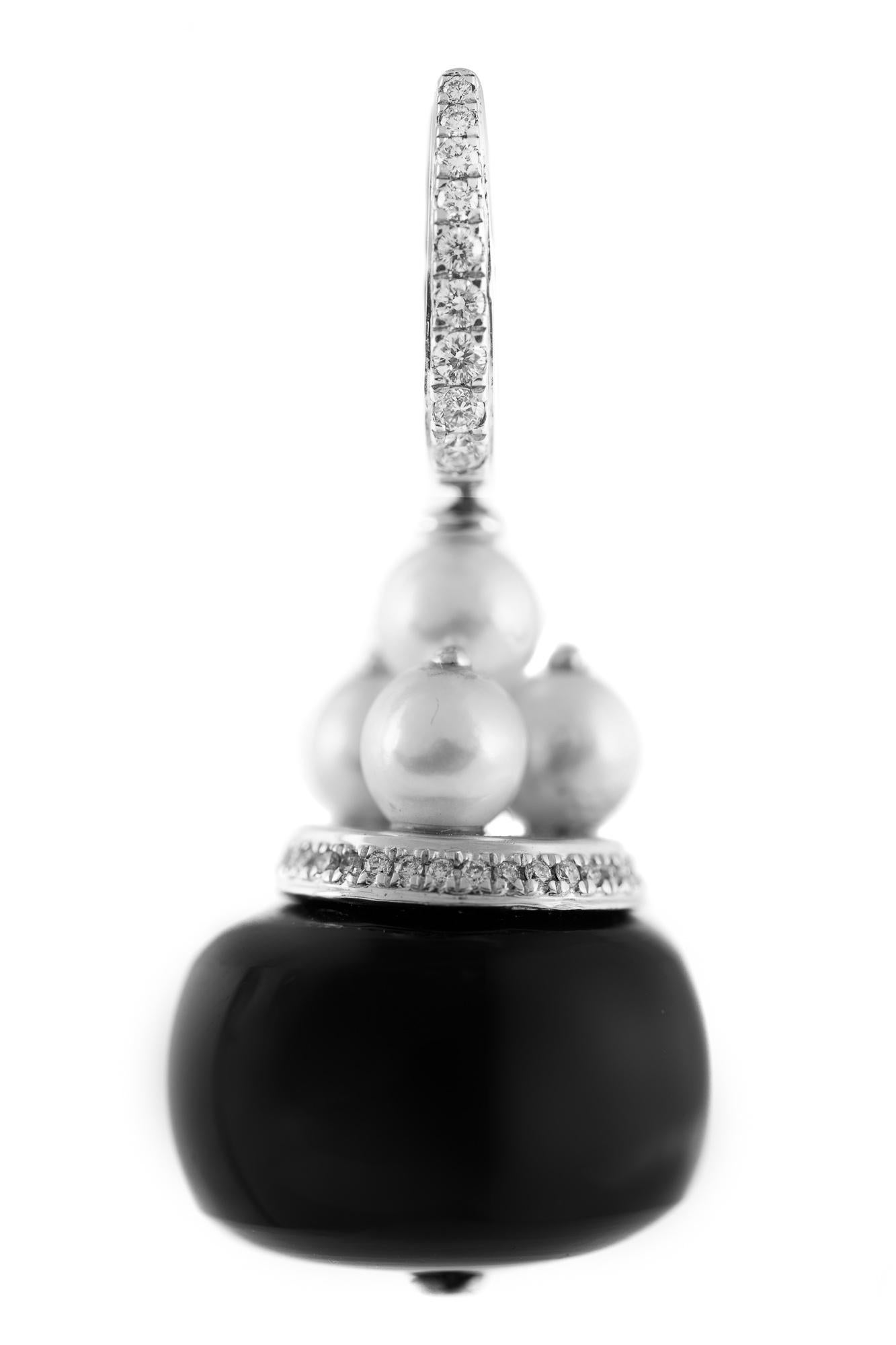 Round Cut 18 Karat White Gold Black Onyx Pearl and Diamond Earrings For Sale