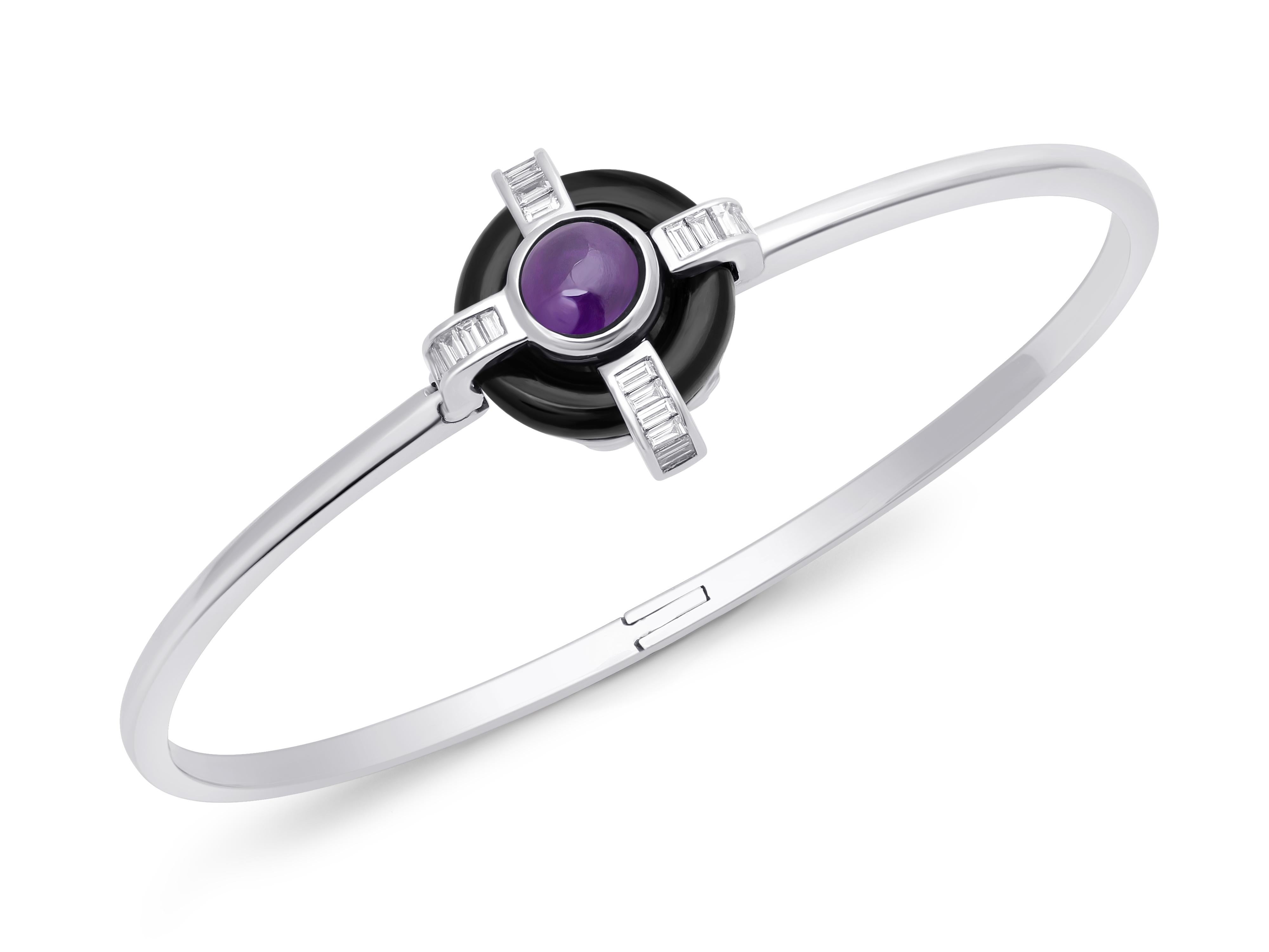 Contrasting colours and a mix of clean lines and smooth curves merge to create the distinctive look of Atelo’s Deco Wheel Collection.

This deco-inspired bangle combines black onyx, baguette (rectangular) diamonds and amethyst to create a striking