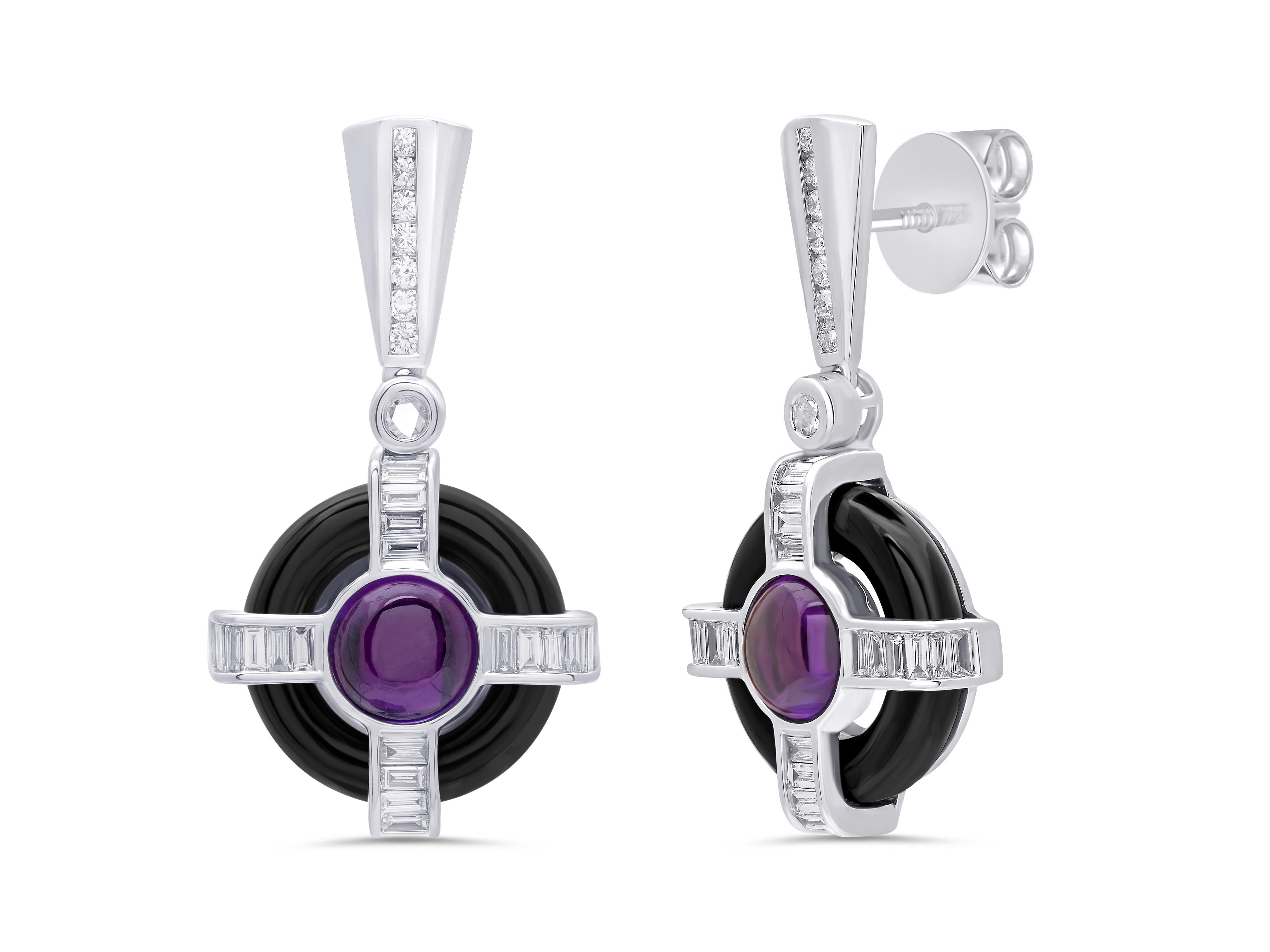 Contrasting colours and a mix of clean lines and smooth curves merge to create the distinctive look of Atelo’s Deco Wheel Collection.

These deco-inspired earrings combine black onyx, baguette (rectangular) diamonds and amethyst to create a striking