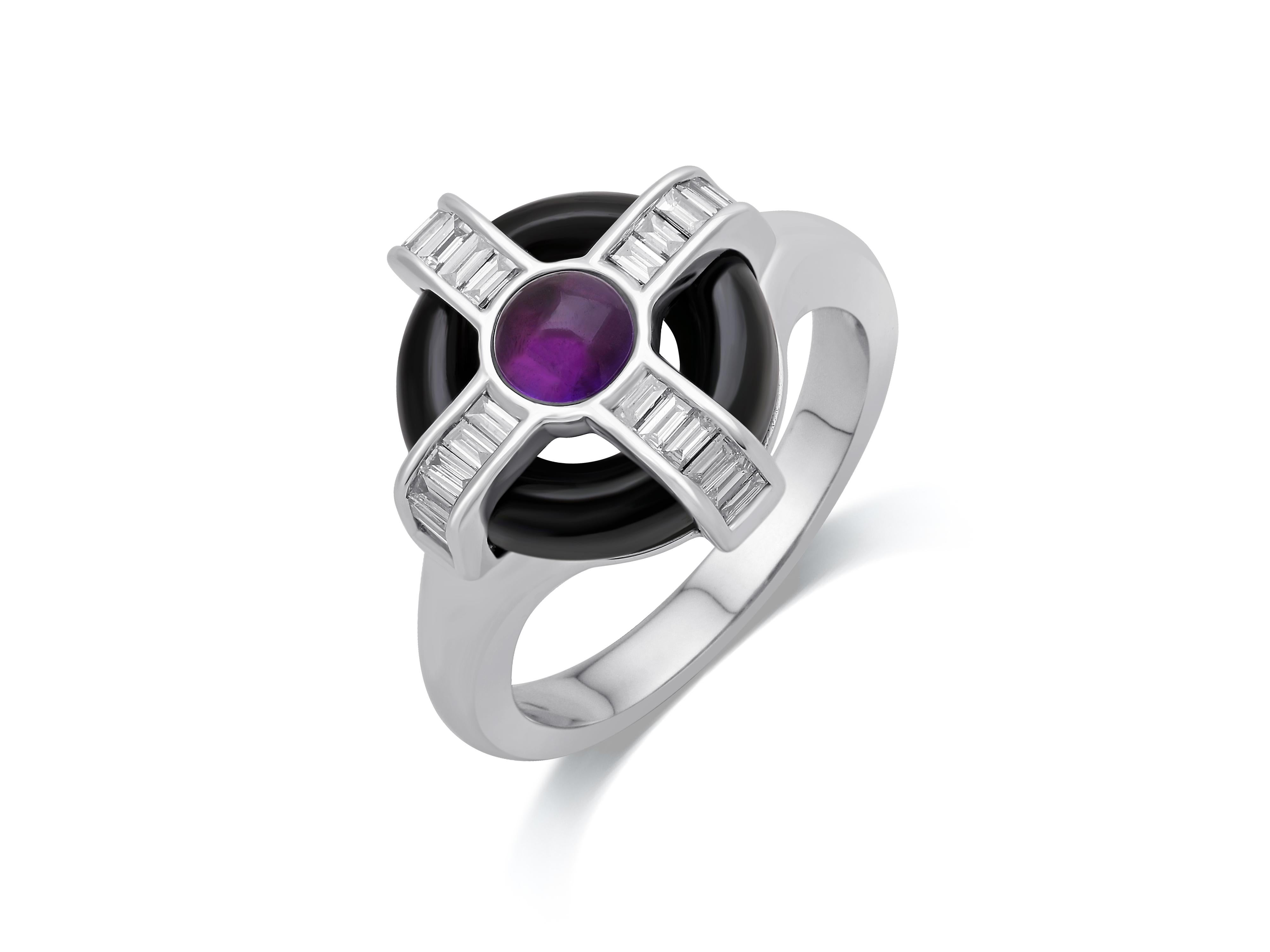 Contrasting colours and a mix of clean lines and smooth curves merge to create the distinctive look of Atelo’s Deco Wheel Collection.

This deco-inspired ring combines black onyx, baguette (rectangular) diamonds and amethyst to create a striking