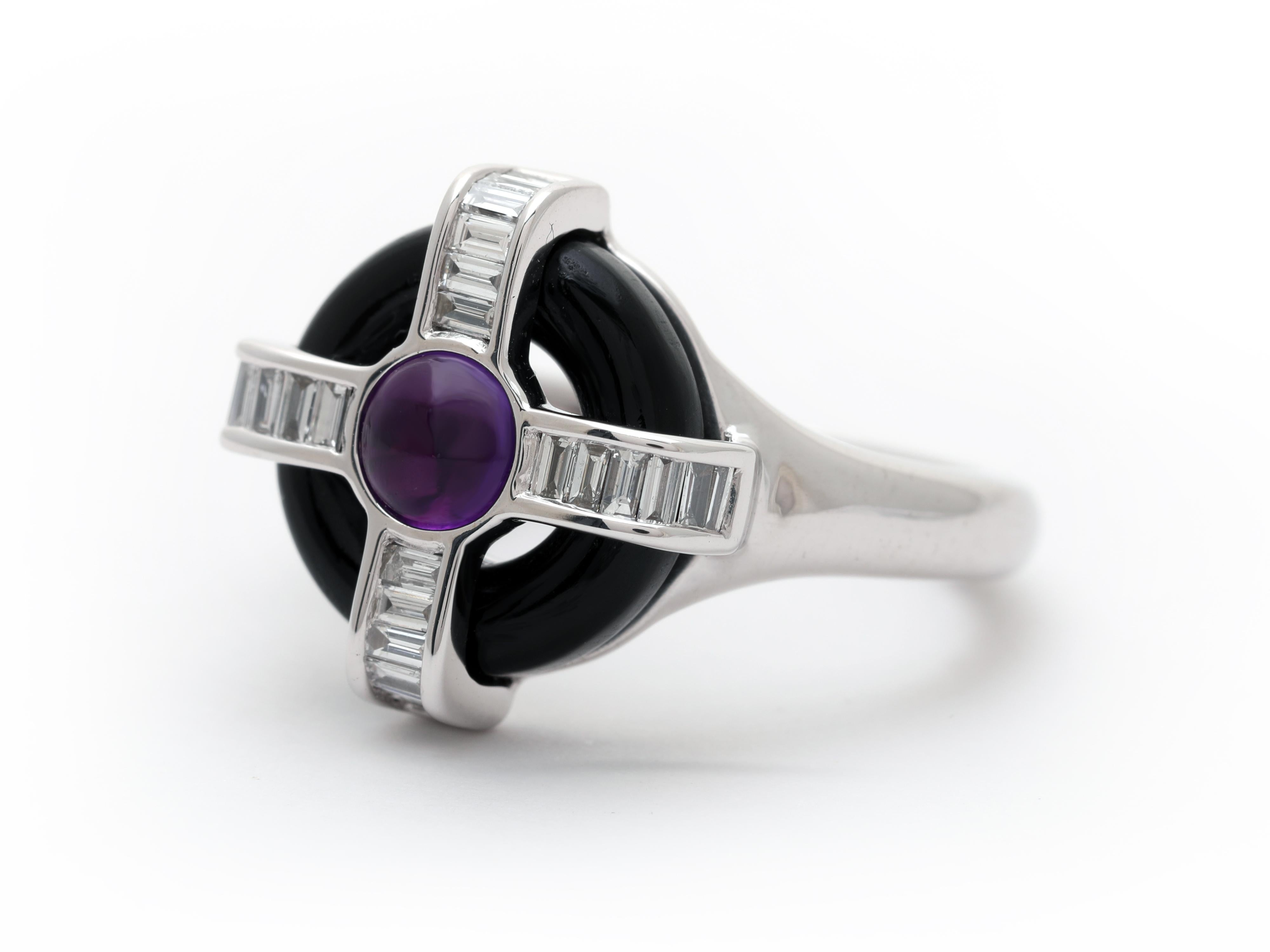 Baguette Cut 18 Karat White Gold Diamond Amethyst and Onyx Ring For Sale