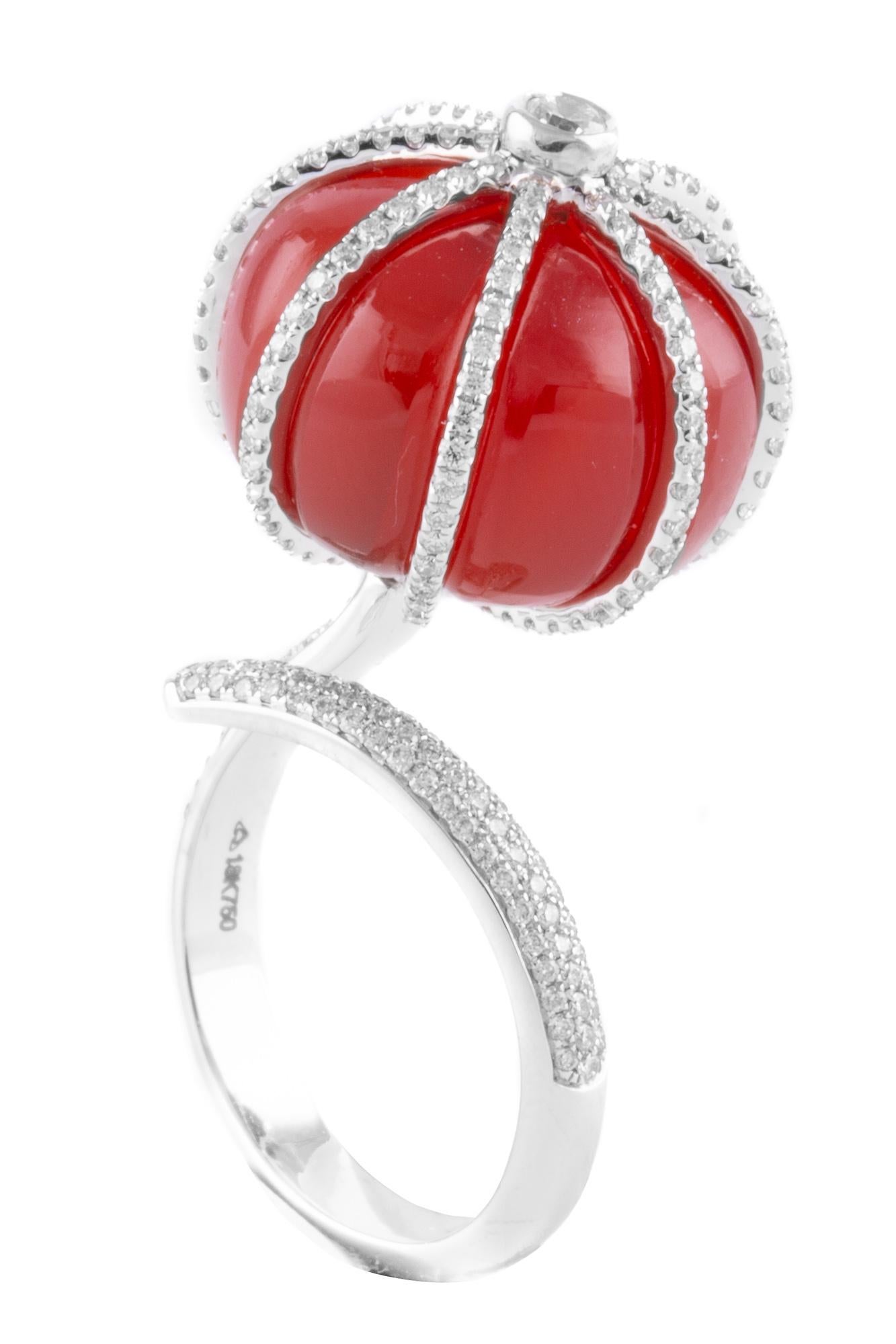 Atelo’s Boule Collection is defined voluminous shapes and diverse colours, resulting in bold yet charming pieces.

Red carnelian is finely wrapped with brilliant-cut diamonds in this cocktail ring in 18 karat white gold.

A truly distinct design and