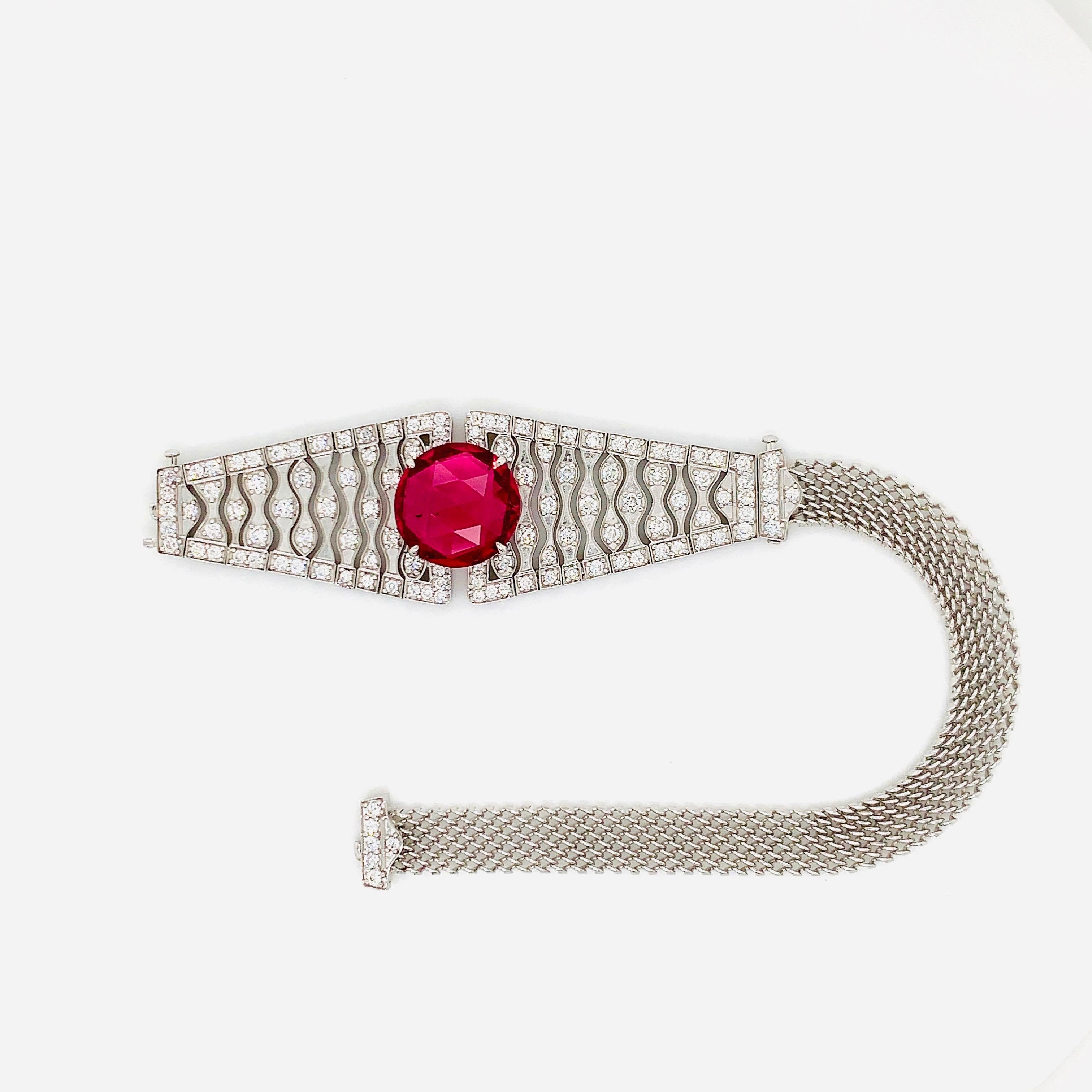 Art Deco 18 Karat White Gold Rubellite and Diamond Convertible Ring Bracelet For Sale