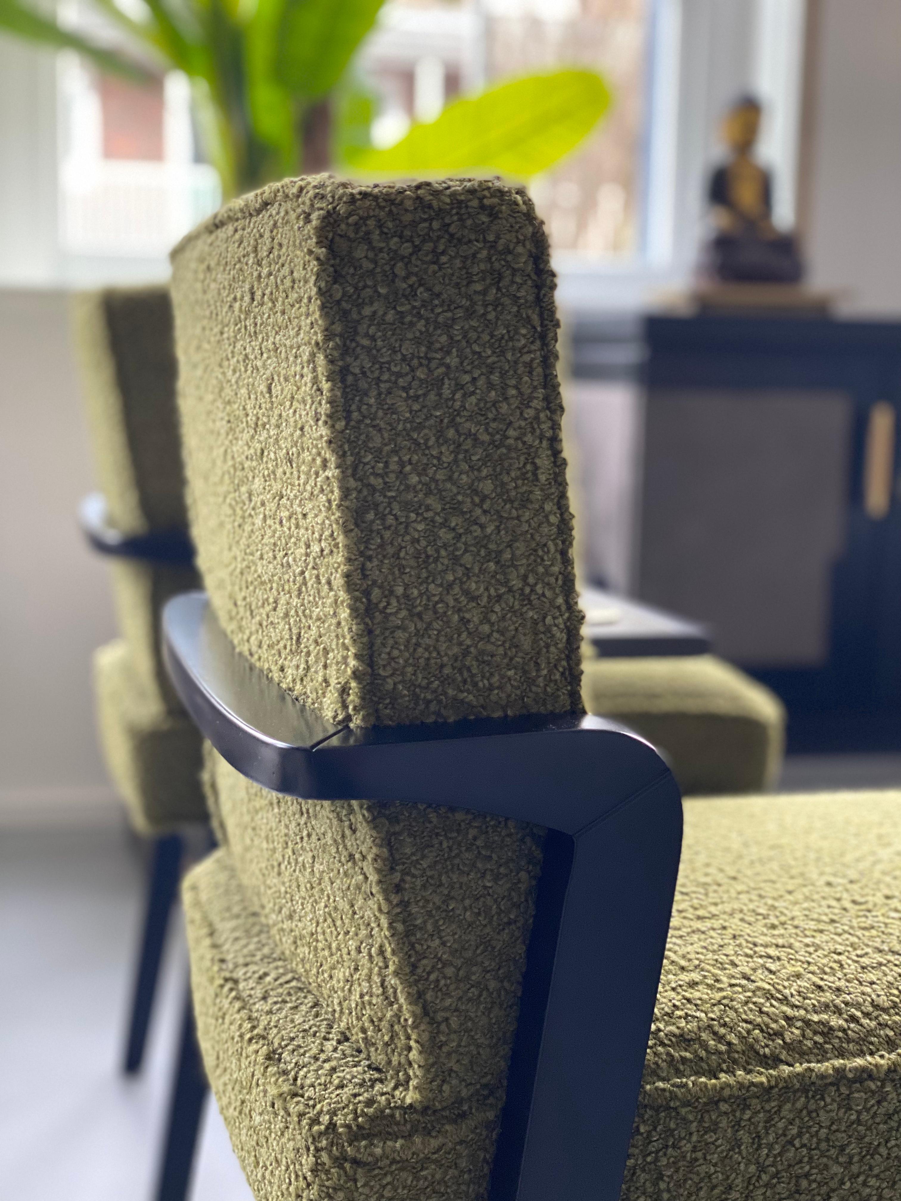Custom Made Atena Dining Chair in Black Ebony & Green Bouclé Upholstery For Sale 4