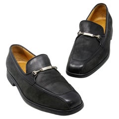 Used A.Testoni Black Leather Moc Toe Logo Stylized Horsebit Loafer Dress Shoes