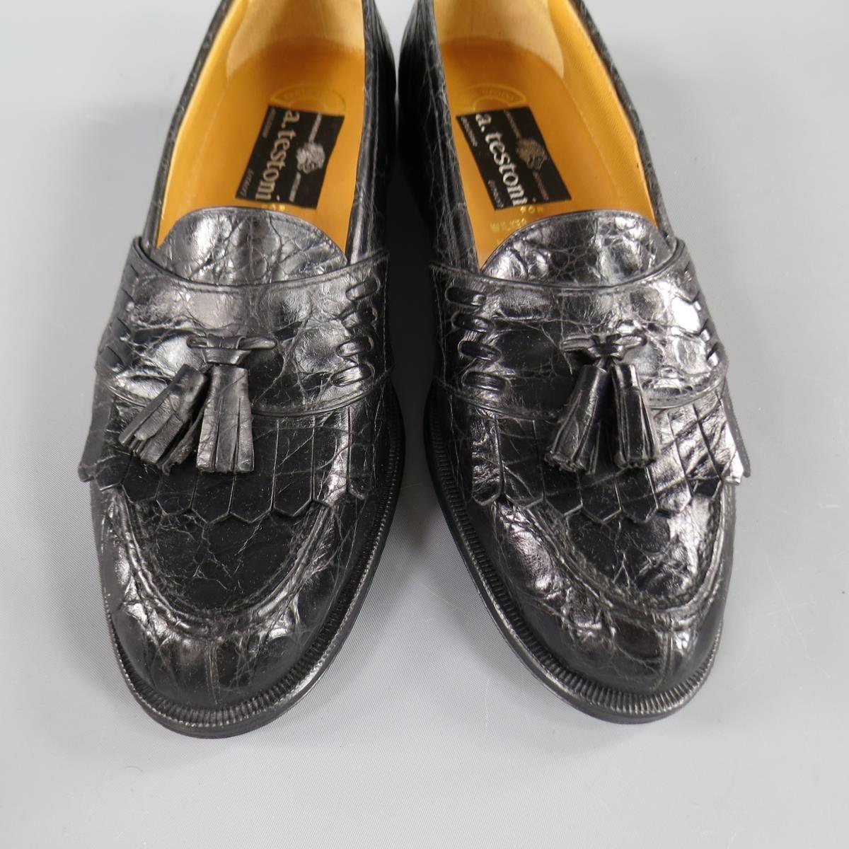 A.TESTONI for Wilkes Bashford 8.5 Black Textured Alligator Leather Loafers Shoes In Excellent Condition In San Francisco, CA