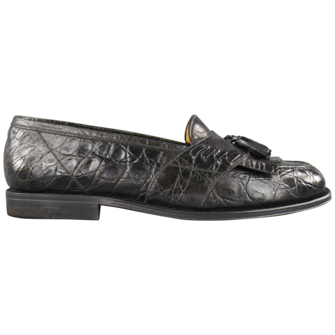 A.TESTONI for Wilkes Bashford 8.5 Black Textured Alligator Leather Loafers Shoes