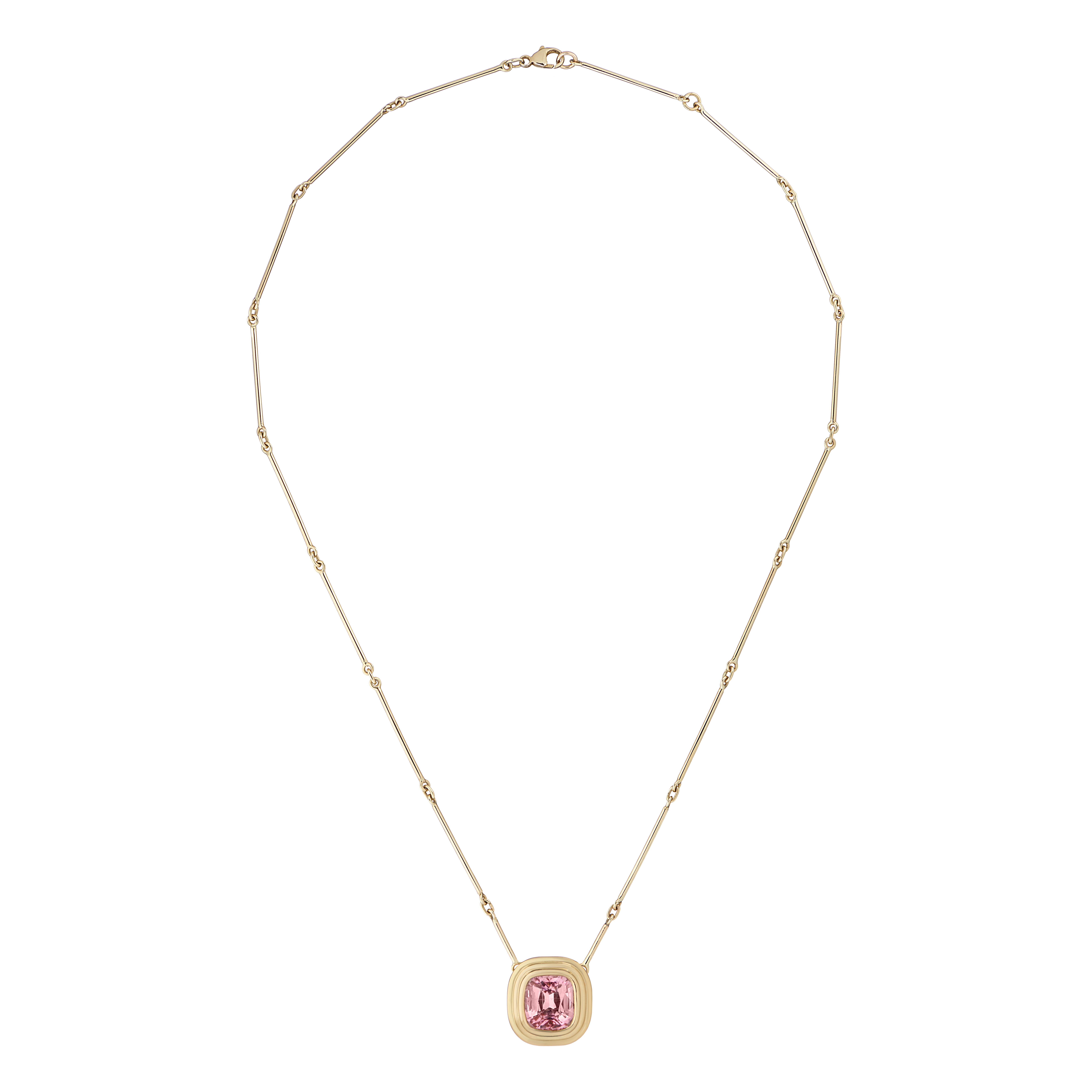 Athena collection: Pink Tourmaline 1.24ct cushion set in 18k yellow gold on our signature 18k yellow gold bar chain necklace. 

Length: 18
