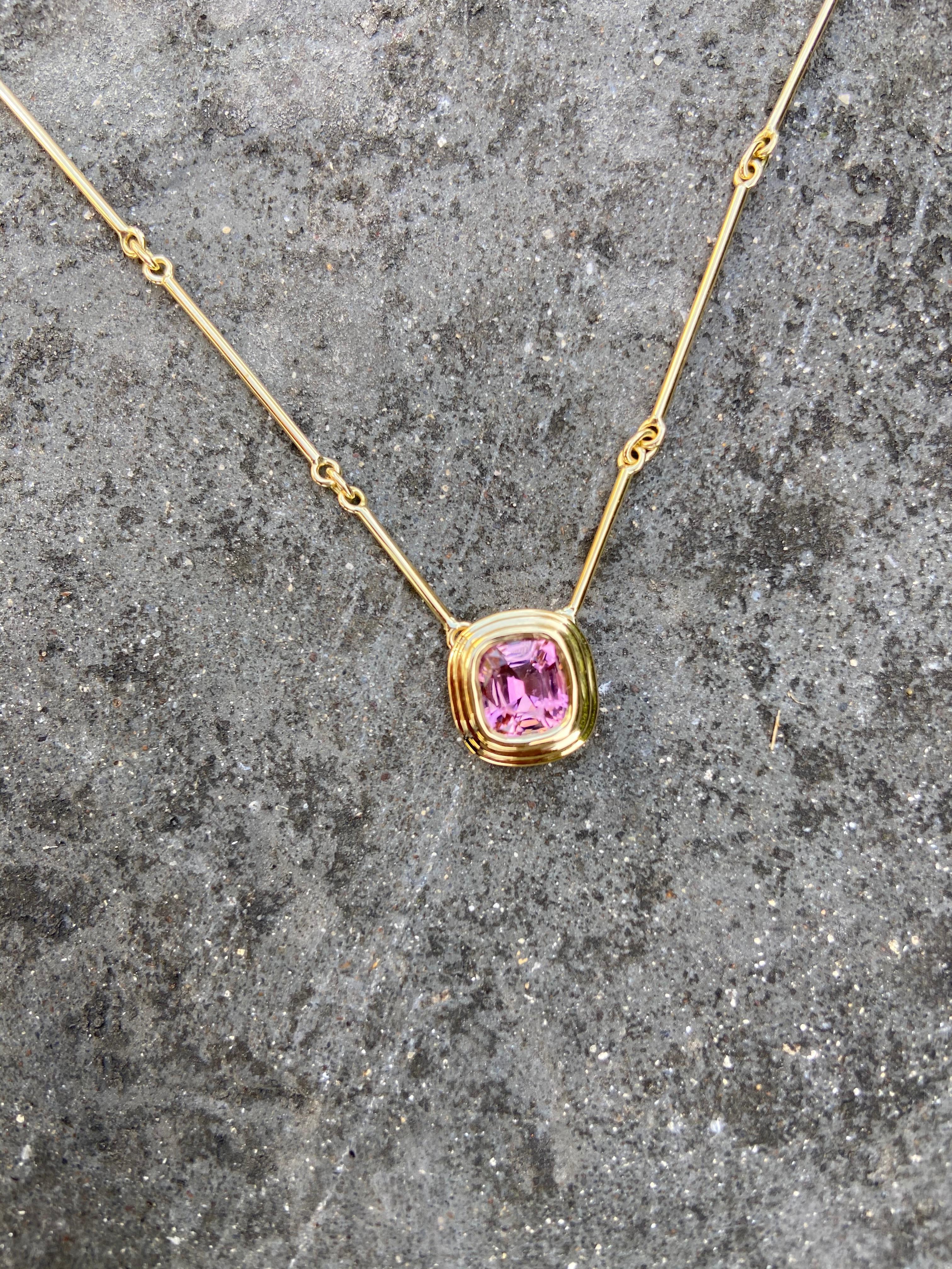 Contemporary Athena: 1.24ct Cushion Cut Pink Tourmaline Necklace in 18k Yellow Gold For Sale