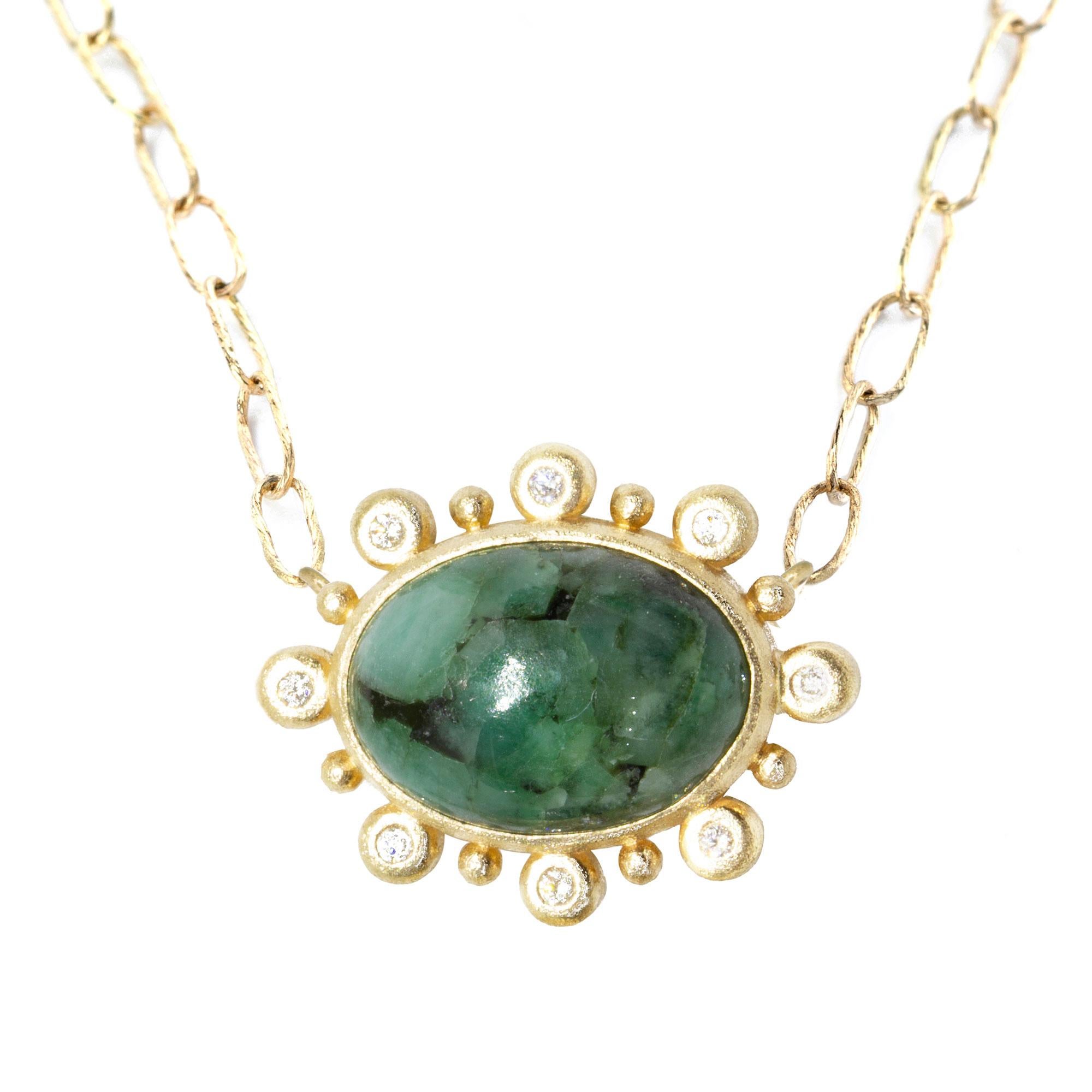 Details
Metal: 18K Yellow Gold
Stone carat: 6
Diamond carat: 0.08
Length:
Stone size: 14x10mm

About the stones:
Genuine Emerald: A variety of the beryl mineral family, emerald is a rare and highly sought-after precious gemstone that gets its green
