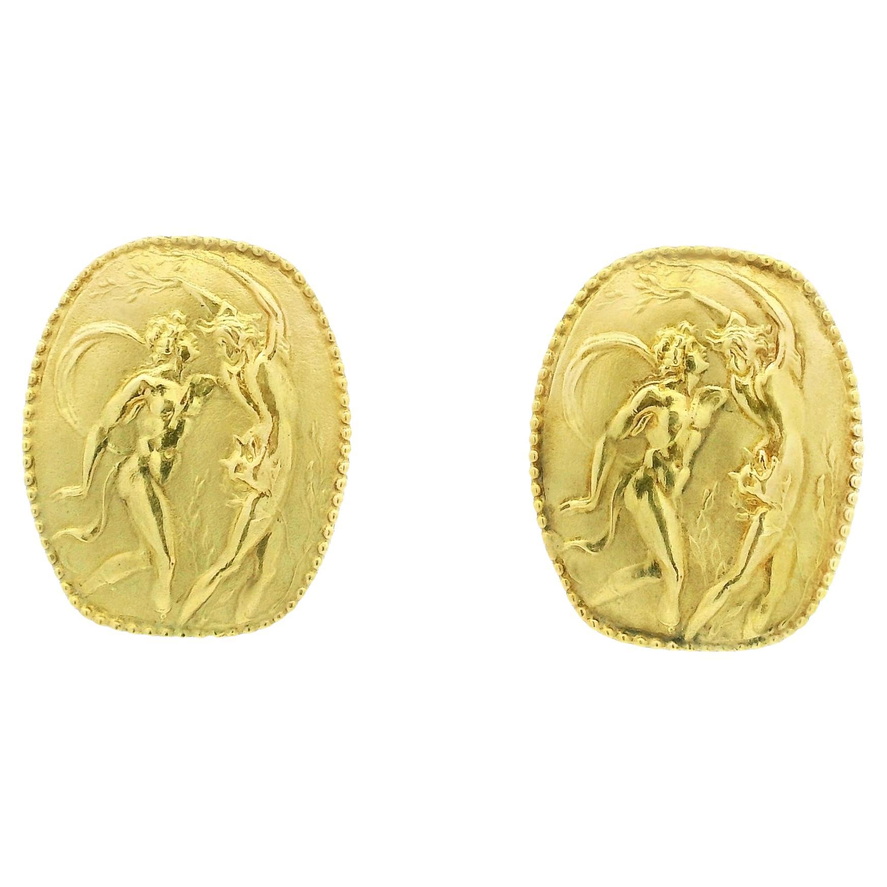 Athena 18K Yellow Gold Earrings with Greek Mythology Scene in Relief