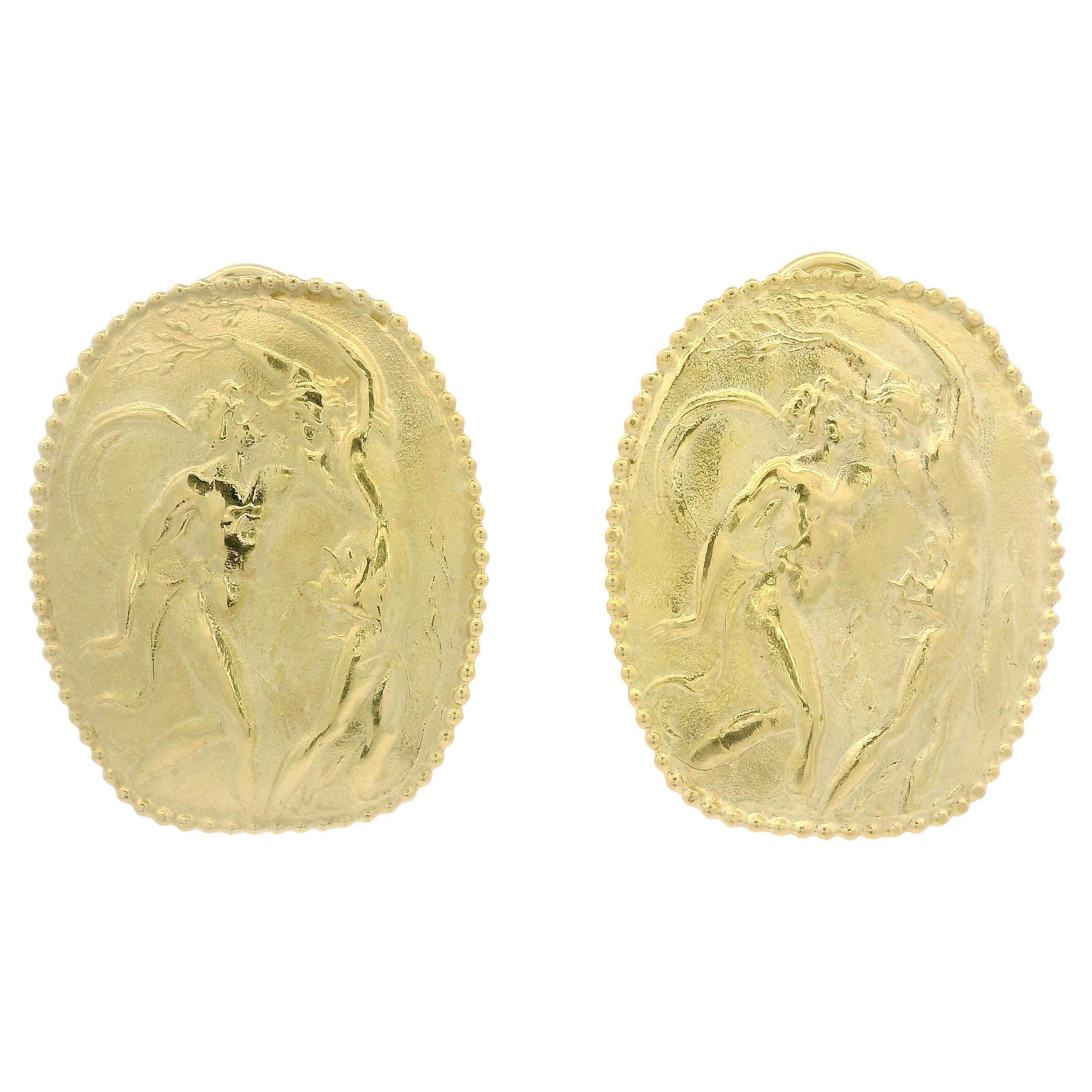 Athena 18k Yellow Gold Greek Mythology Scene Cameo Clip On Button Earrings