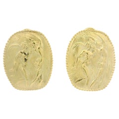Athena 18k Yellow Gold Greek Mythology Scene Cameo Clip On Button Earrings