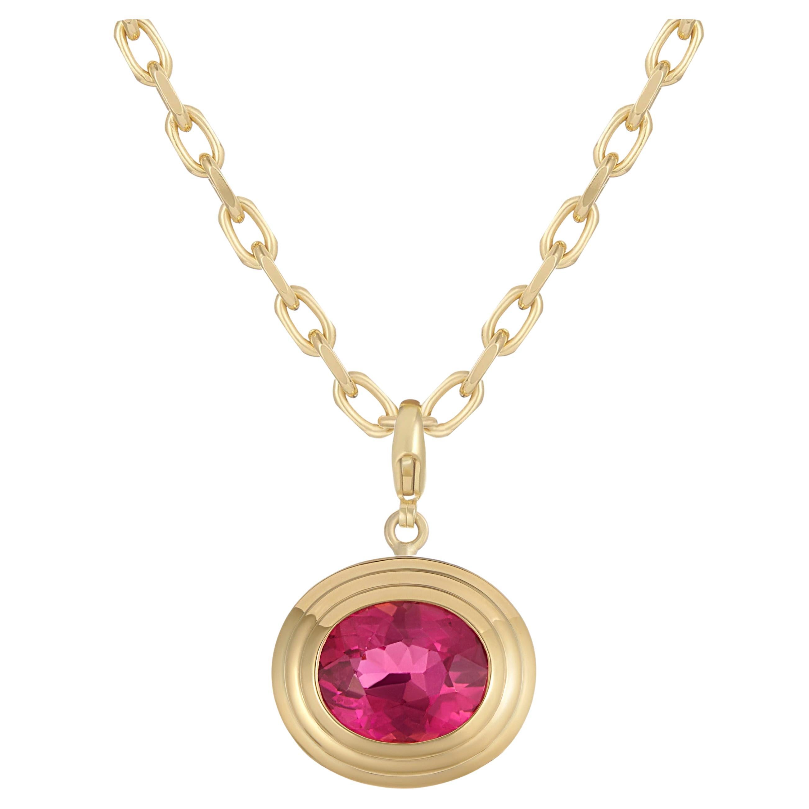 Athena: 3.75ct Oval Pink Tourmaline Pendant on Chunky Chain in 18k Yellow Gold For Sale