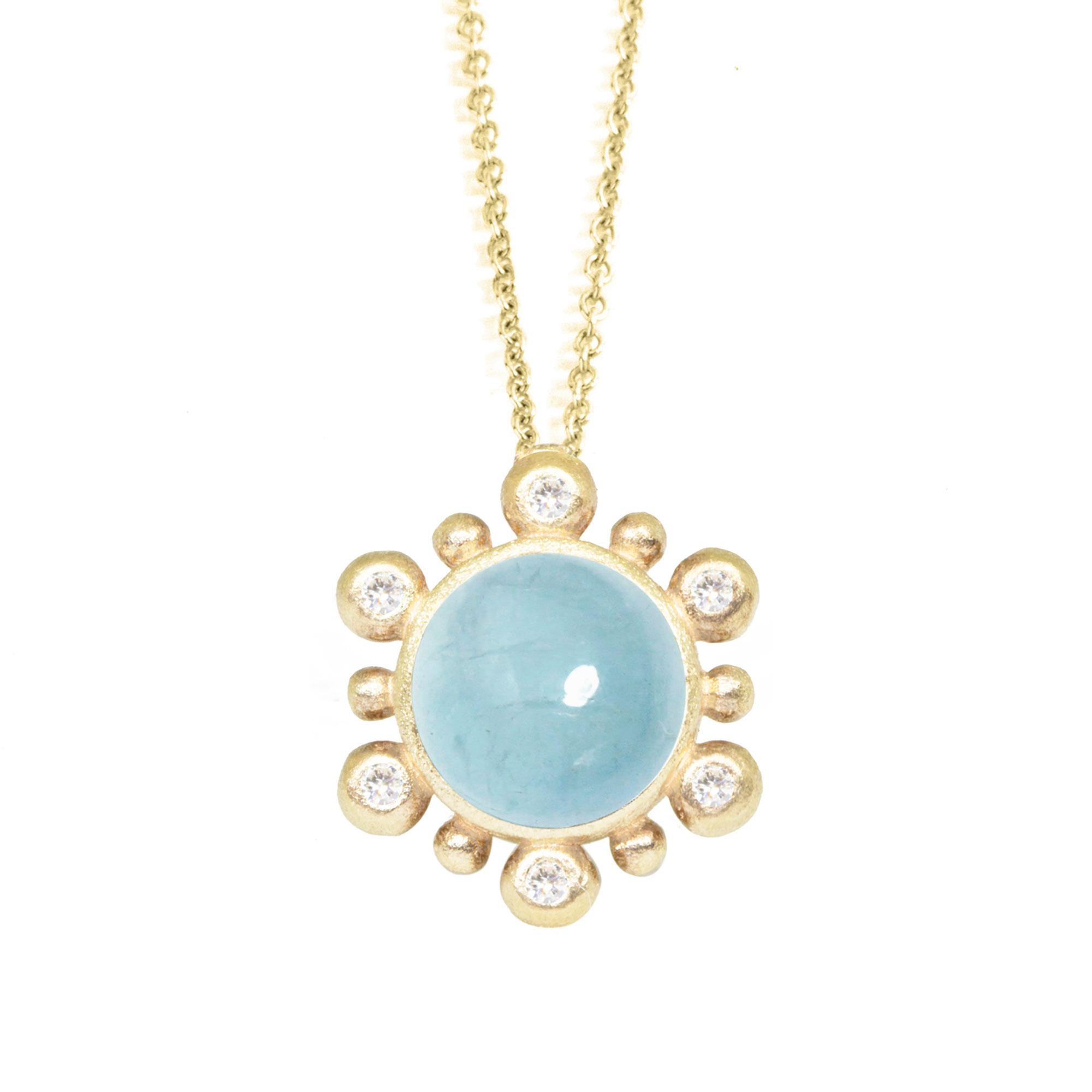 Details
Metal: 18K Yellow Gold
Stone carat: 1.25
Diamond carat: 0.06
Length:
Stone size: 7mm

About the stones:
Genuine Aquamarine: As the blue-green, highly prized variety of the mineral beryl, aquamarine takes its name from the Latin for 