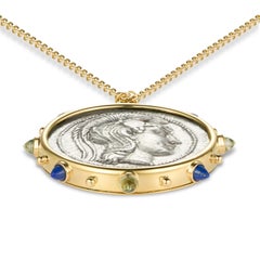 Dubini Athena Ancient Silver Coin Medallion Lapis 18 Karat Yellow Gold Necklace