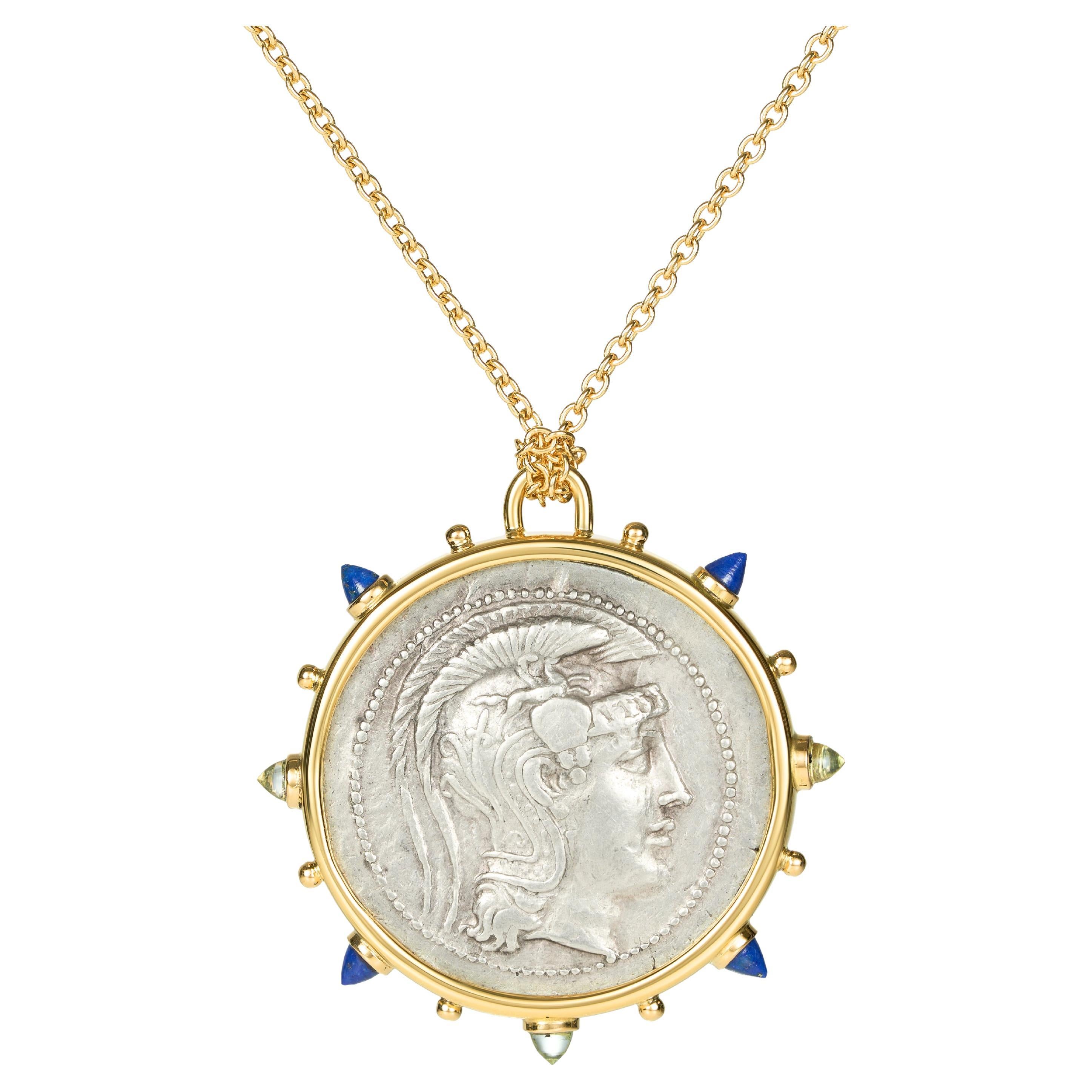 Dubini Atenea Antigua Medalla de Plata Lapislázuli Collar de Oro Amarillo de 18 Kilates