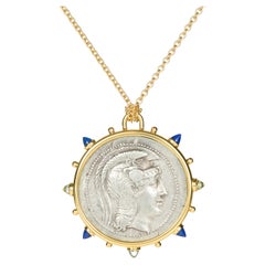 Antique Athena Attica Ancient Silver Coin Medallion Lapis 18 Karat Yellow Gold Necklace
