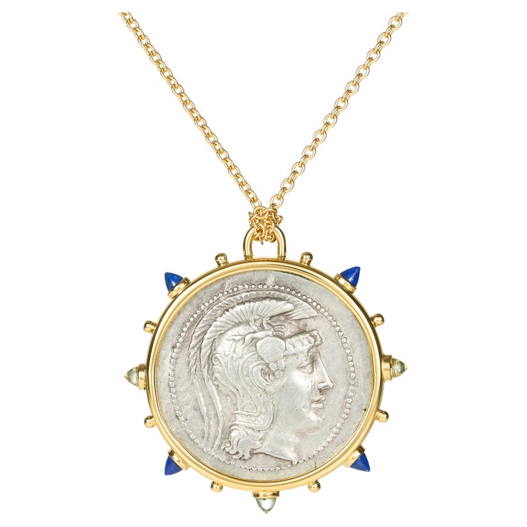 Ancient Attic Athena Silver Coin, Lapis and 18-Karat Yellow Gold Medallion Necklace, 2024