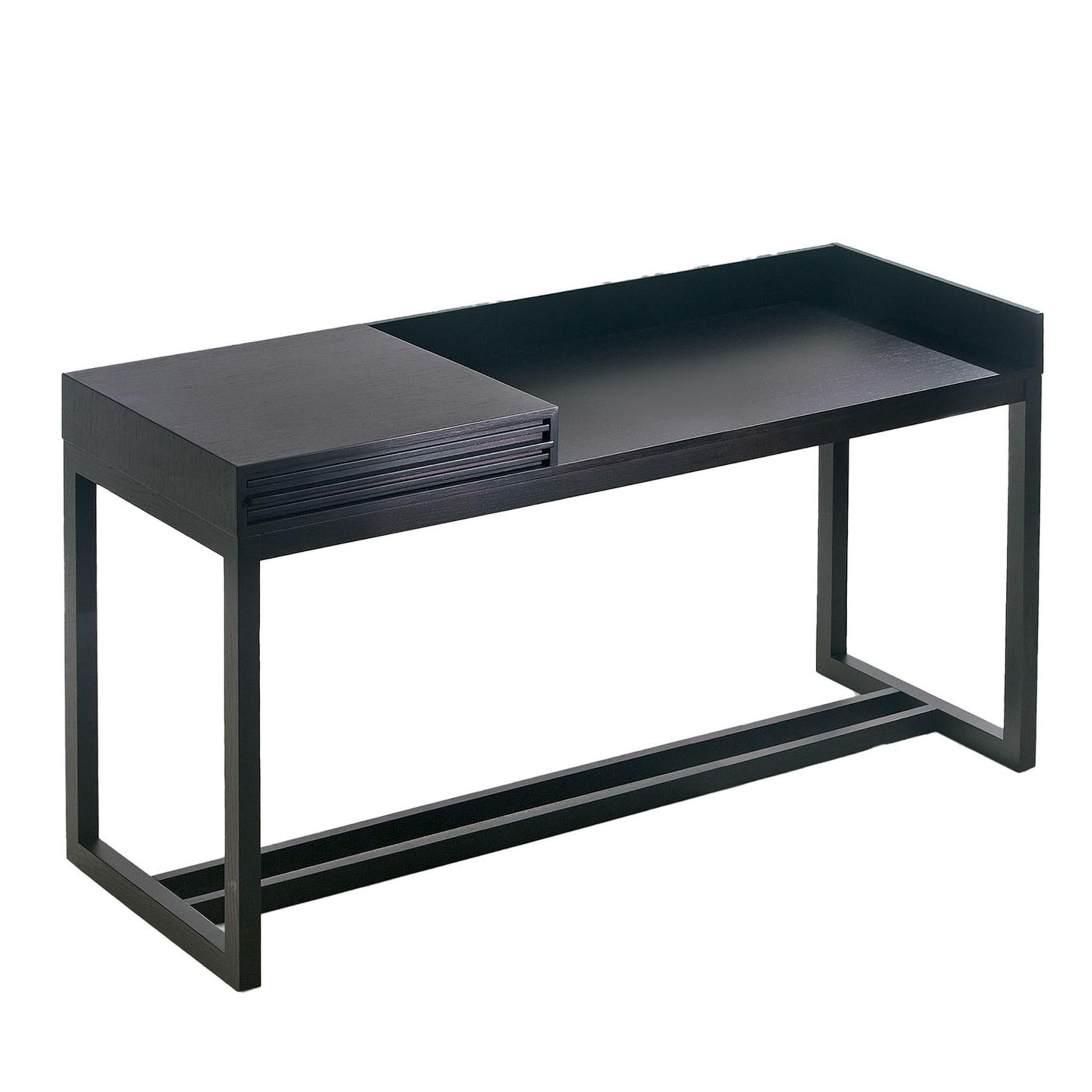 Designed by Fabio Rebosio, this desk merges style with functionality. The solid Ash structure is entirely lacquered in a rich black veneer which enhances the sleek angular lines comprising the piece. The rectangular top is supported by two lateral