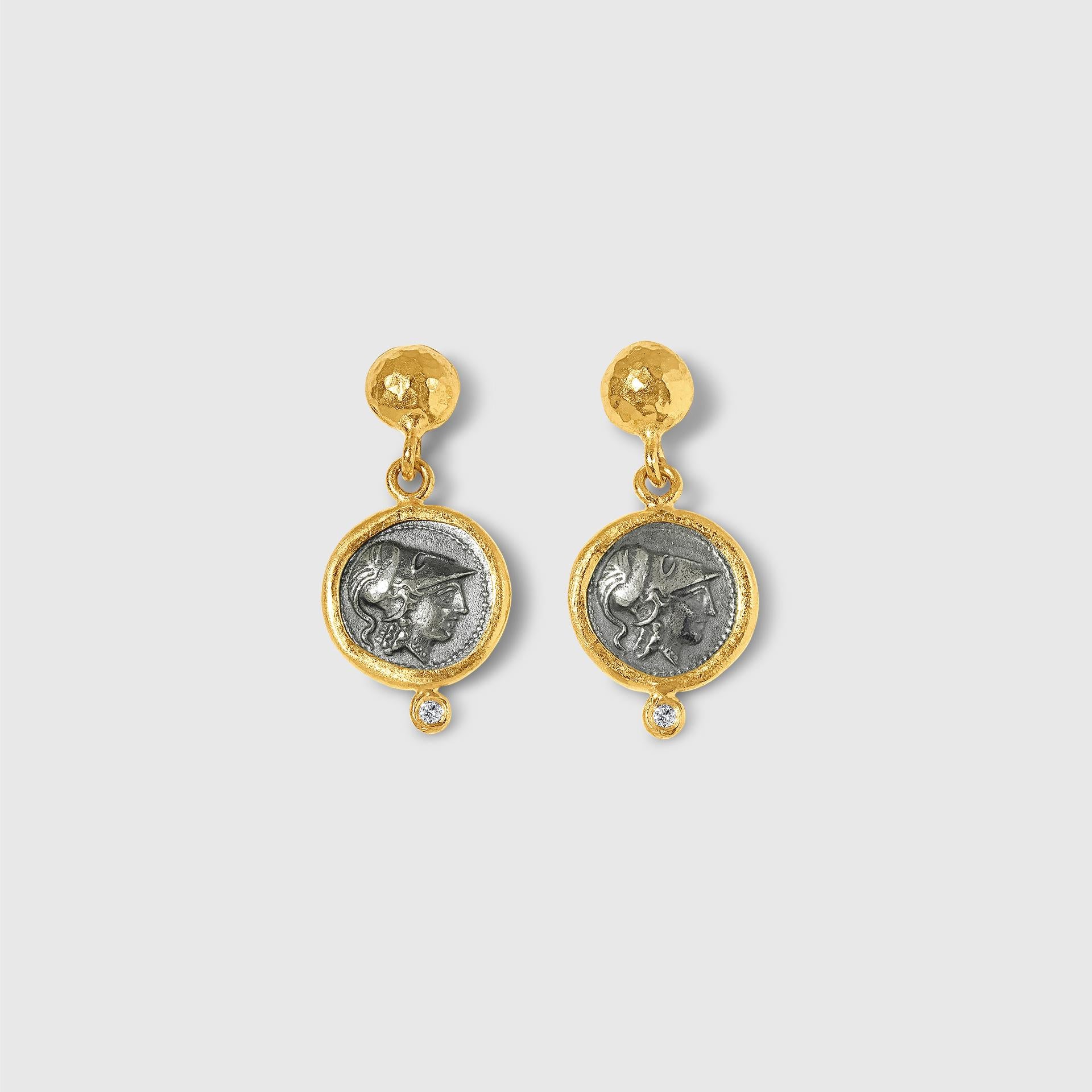 Athena Earrings with Diamond Detail, in 24kt Gold and Sterling Silver by Prehistoric Works of Istanbul, Turkey. Length: 23mm (.9