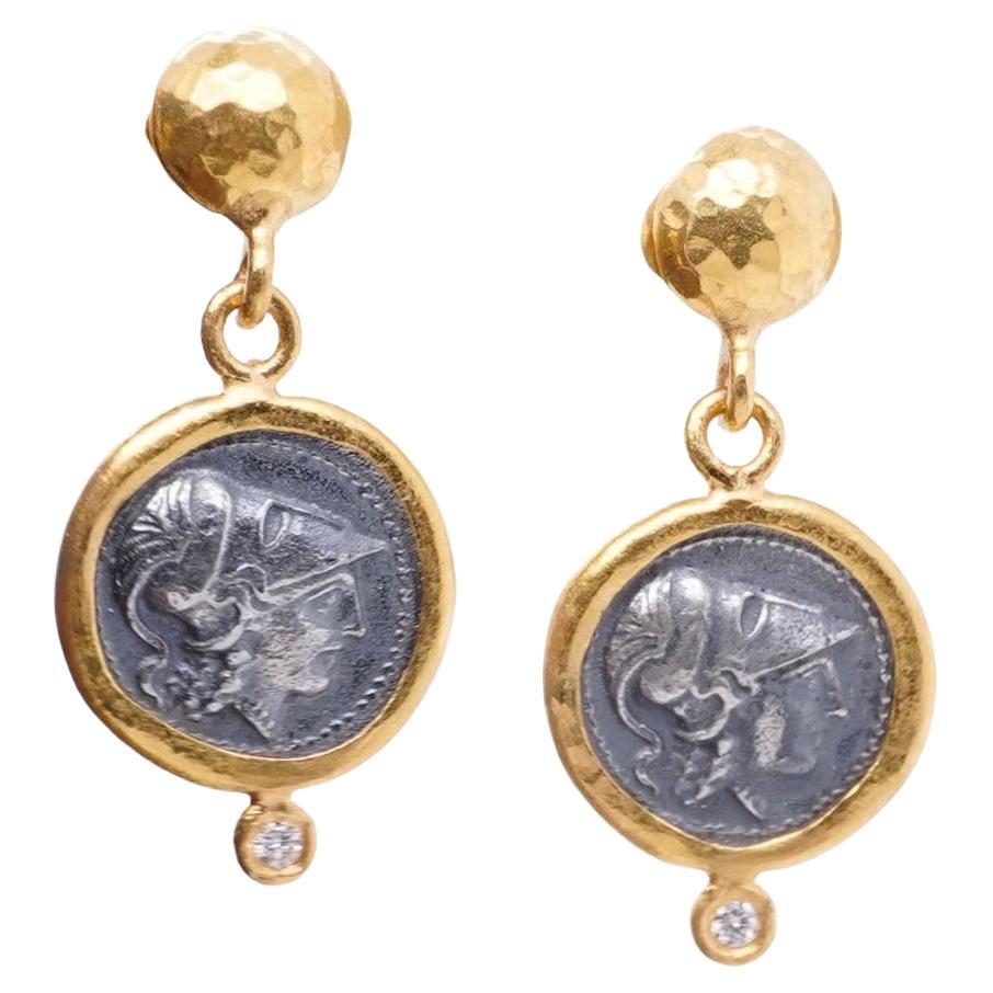 Round Cut Athena Coin Post Earrings with Diamond Detail, 24kt Gold and Sterling Silver