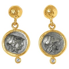 Athena Coin Post Earrings with Diamond Detail, 24kt Gold and Sterling Silver