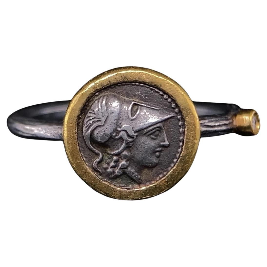 Athena Coin Ring with Diamond, Goddess of Wisdom and War, 24K Gold & SS