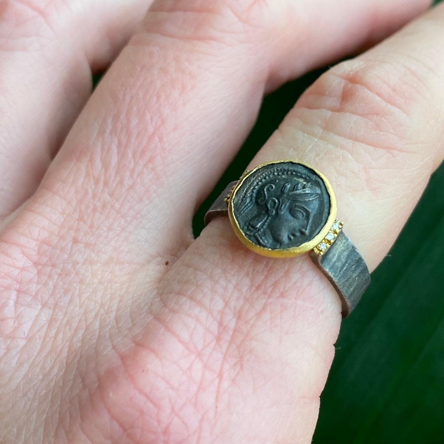 Athena Head Ring, with side Diamonds, Goddess of Wisdom and War, 24K Gold + Silver, Handmade in Istanbul // Athena is the Olympian goddess of wisdom and war and the adored patroness of the city of Athens. A virgin deity, she was also – somewhat