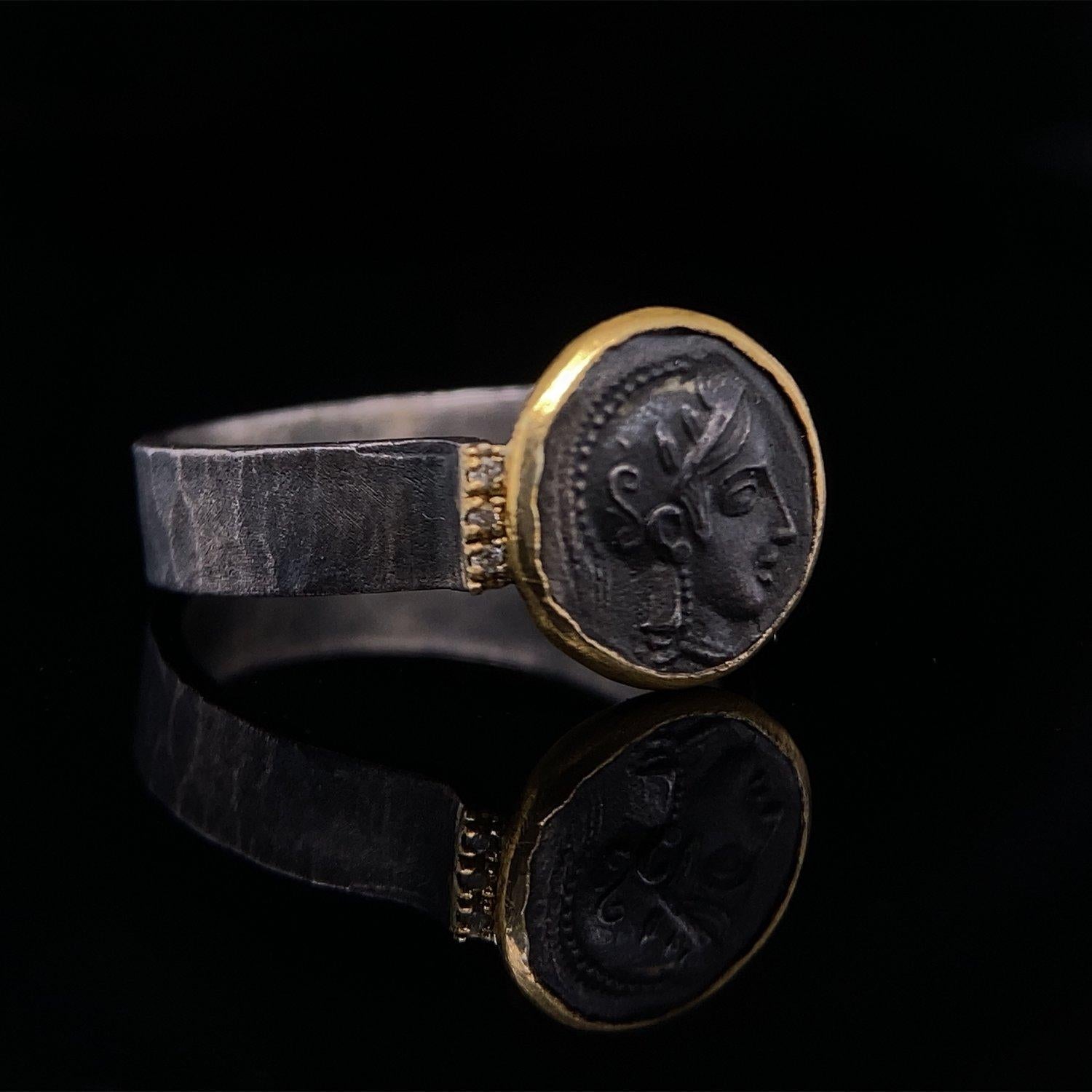 Athena Coin Ring with Side Diamonds, Goddess of Wisdom and War 4
