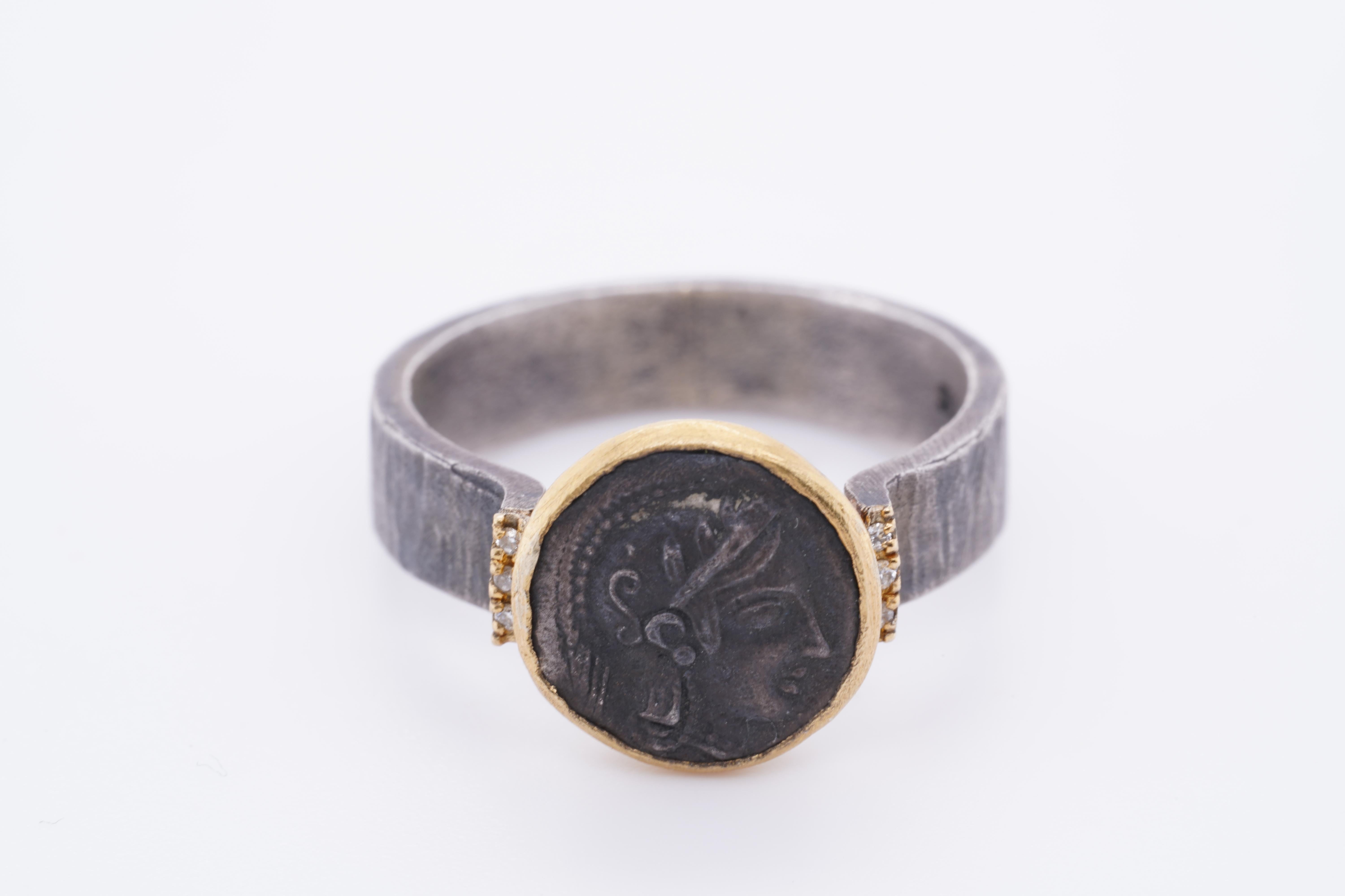 Women's or Men's Athena Coin Ring with Side Diamonds, Goddess of Wisdom and War