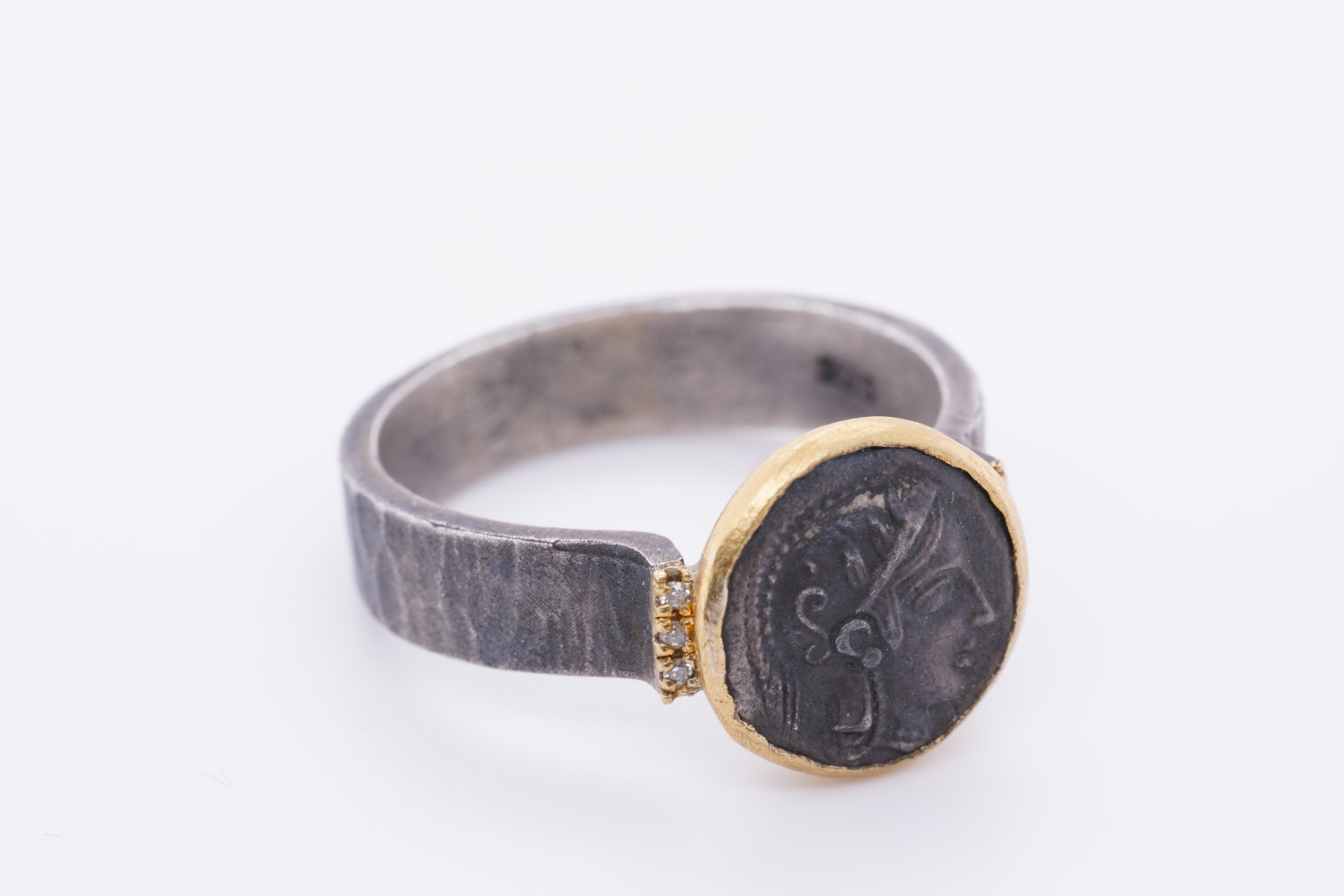 Athena Coin Ring with Side Diamonds, Goddess of Wisdom and War 1