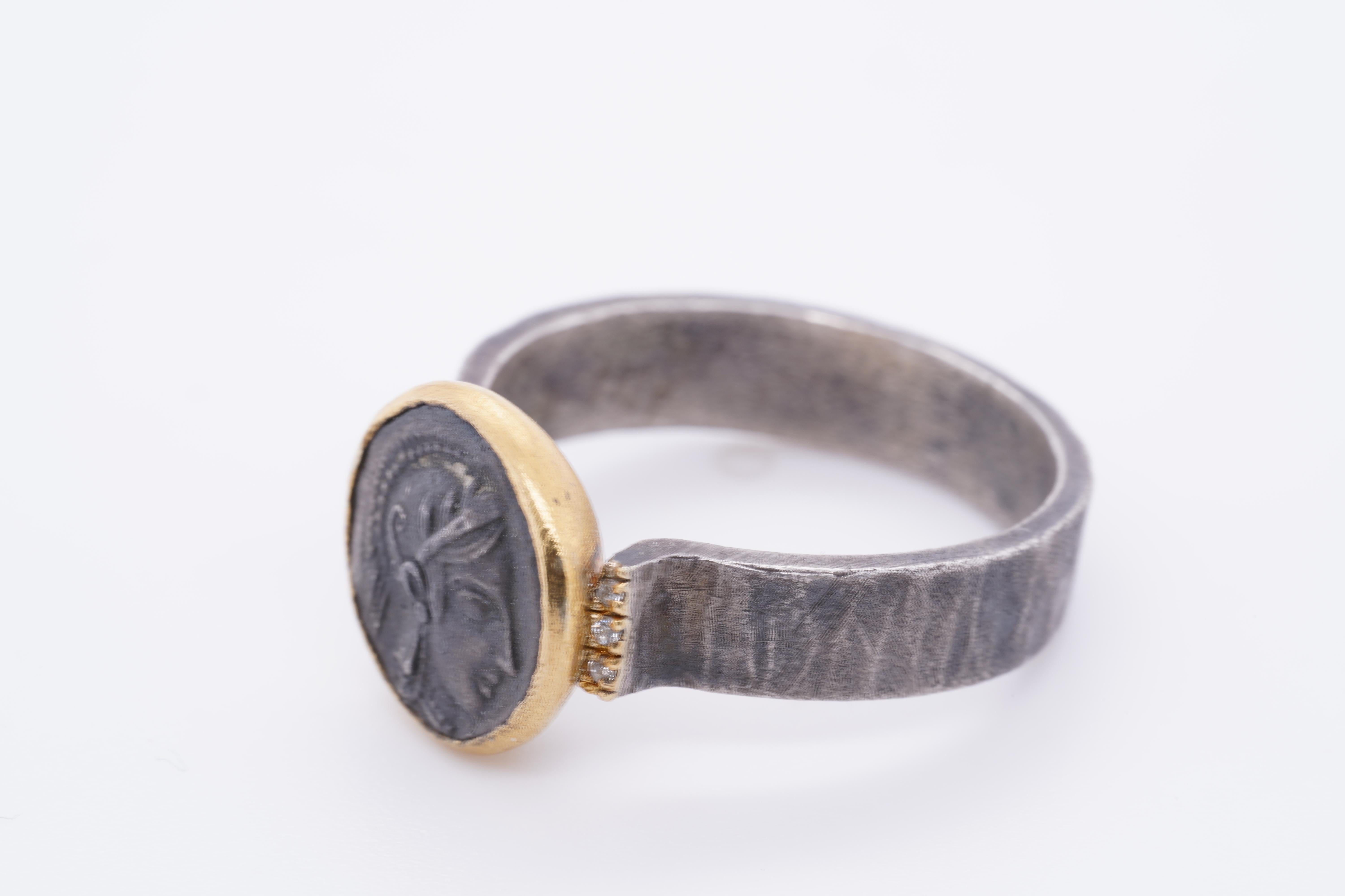Athena Coin Ring with Side Diamonds, Goddess of Wisdom and War 2