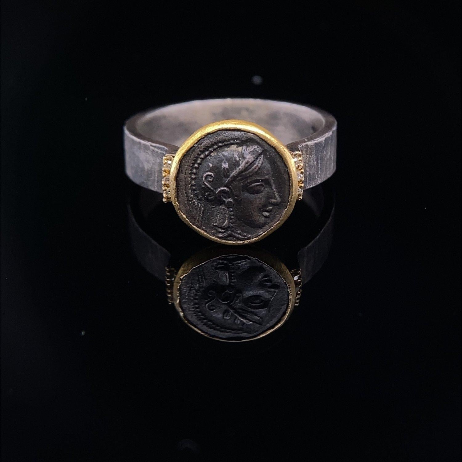 Classical Greek Athena Coin Ring with Side Diamonds, Goddess of Wisdom and War