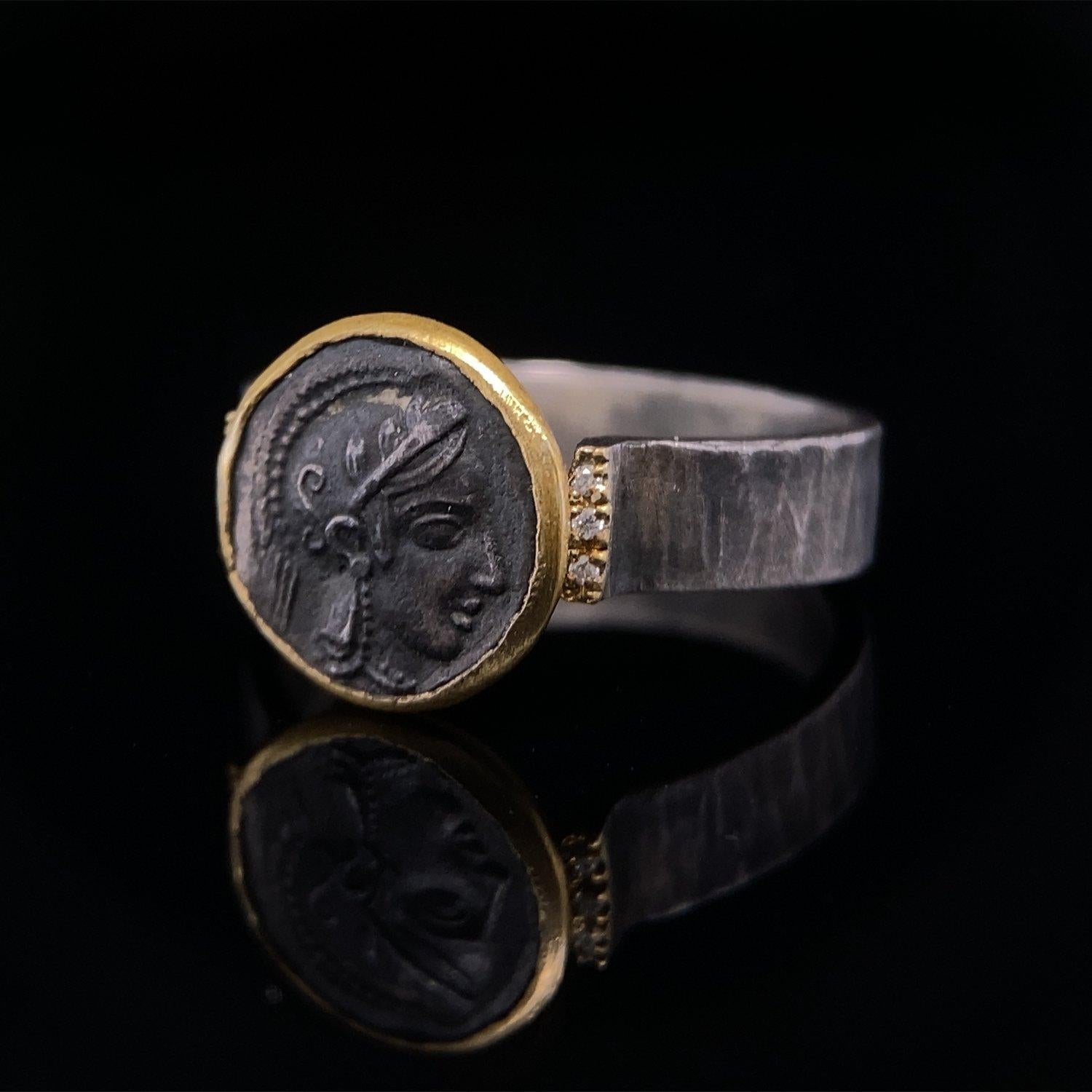 Round Cut Athena Coin Ring with Side Diamonds, Goddess of Wisdom and War