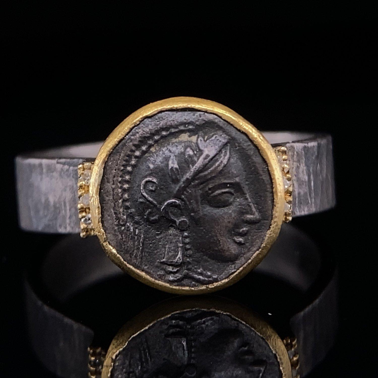 Athena Coin Ring with Side Diamonds, Goddess of Wisdom and War In New Condition In Bozeman, MT