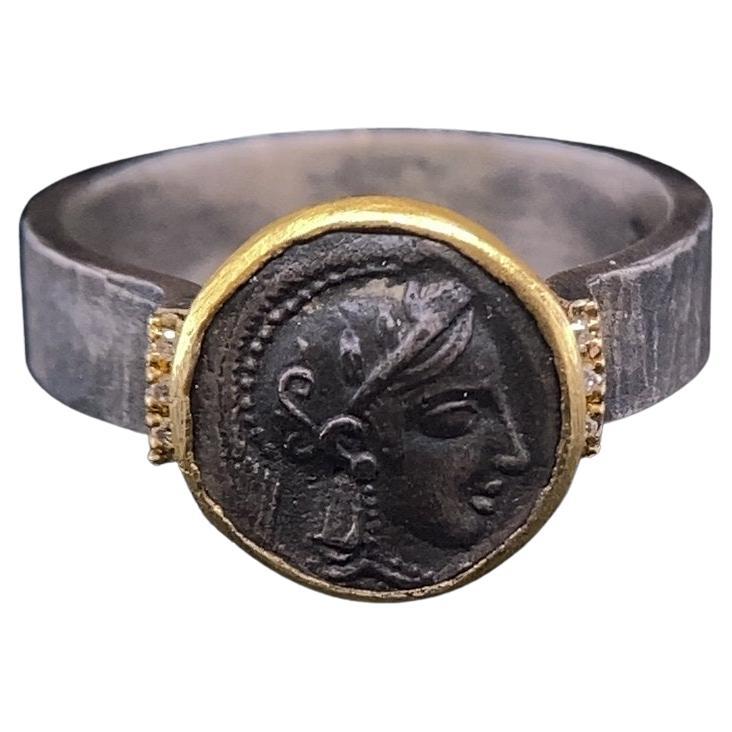 Athena Coin Ring with Side Diamonds, Goddess of Wisdom and War