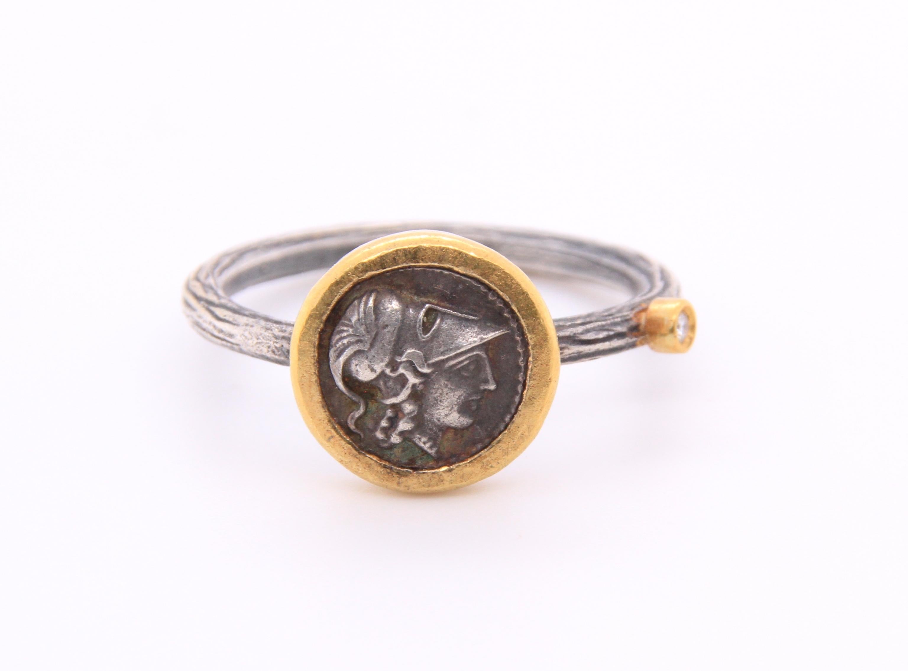 Classical Greek Athena Coin Ring with Diamond, Goddess of Wisdom and War, 24K Gold & SS