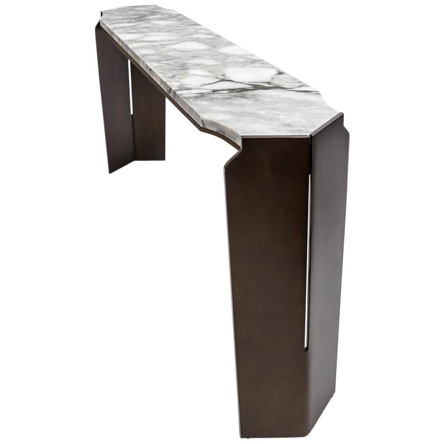Athena Console, Entry Table Contemporary Shield Leg, Dark Bronze Patina, Marble For Sale