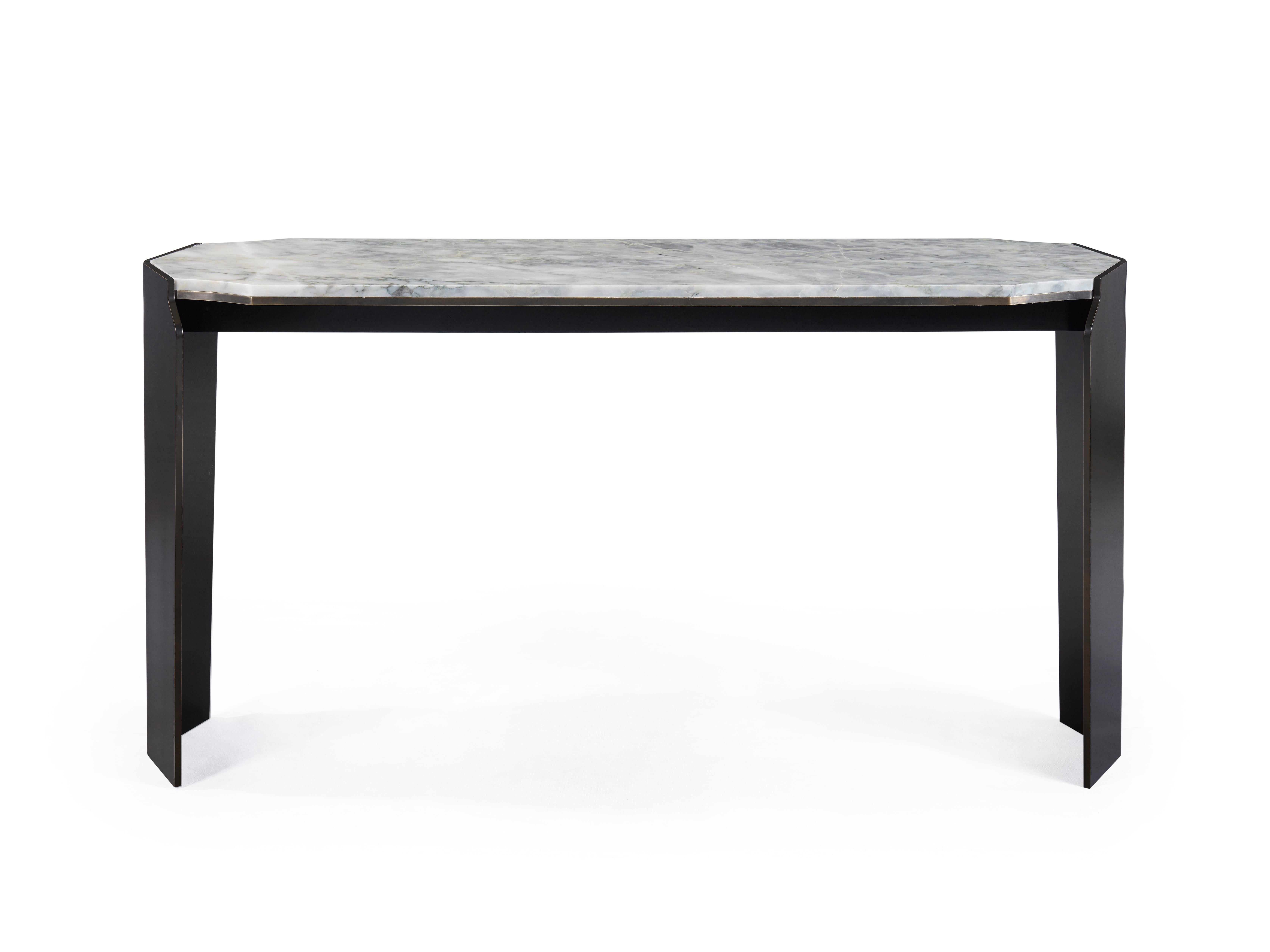 Modern Athena Console, Entry Table Contemporary Shield Leg, Dark Bronze Patina, Marble For Sale