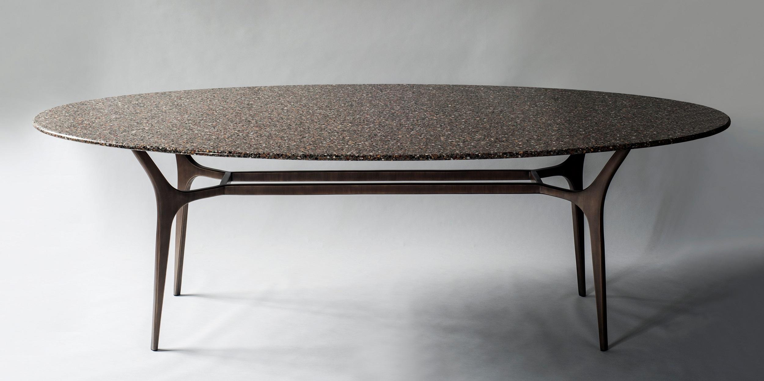 Athena Dining Table by DeMuro Das in White Terrazzo and Solid Antique Bronze 2