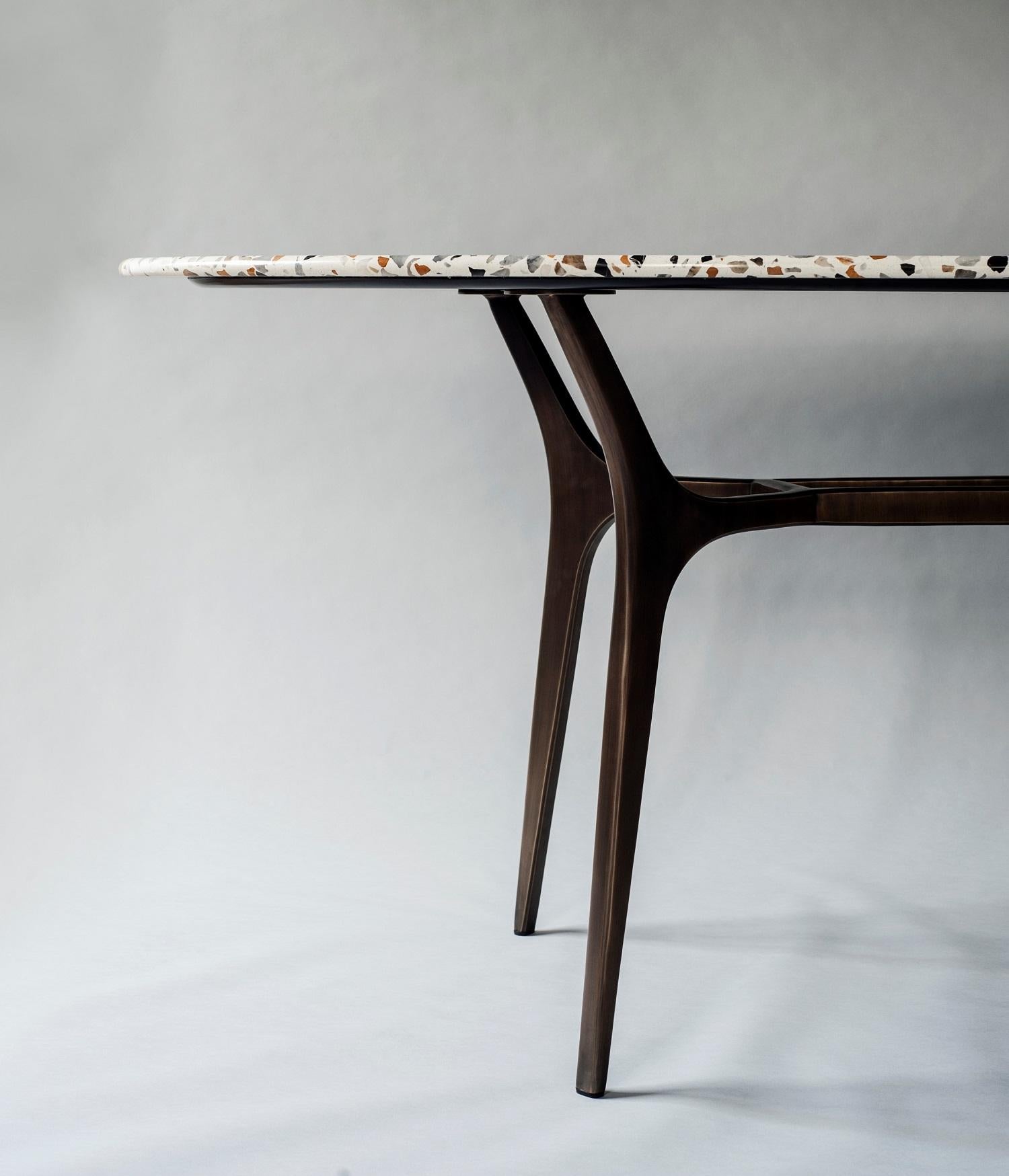 Mid-Century Modern Athena Dining Table by DeMuro Das in White Terrazzo and Solid Antique Bronze
