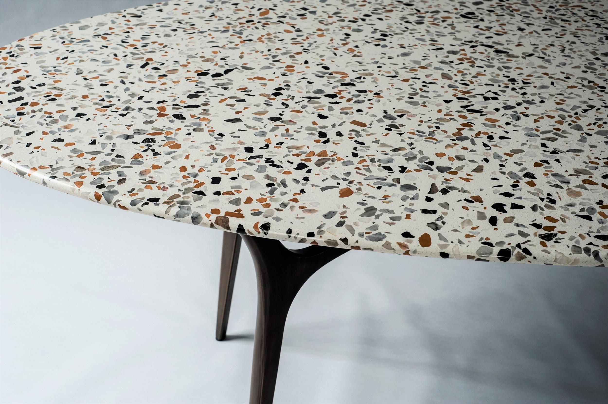 Cast Athena Dining Table by DeMuro Das in White Terrazzo and Solid Antique Bronze